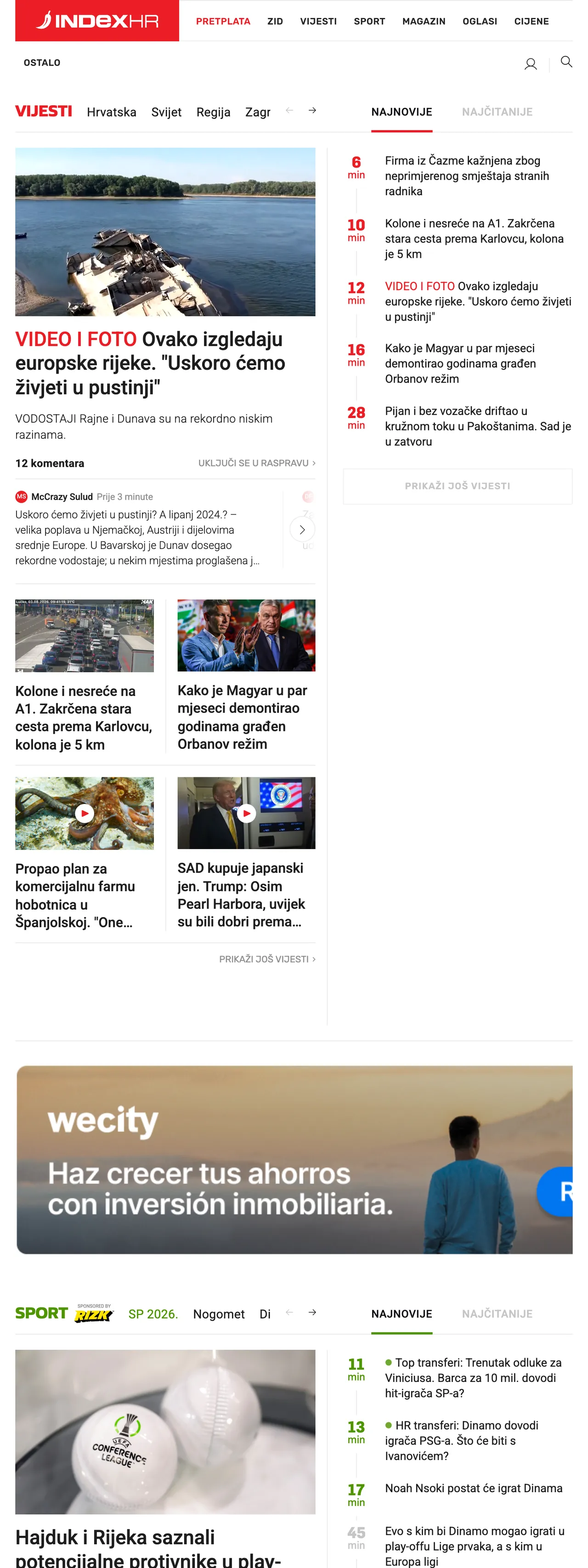 Screenshot of the Index.hr front page