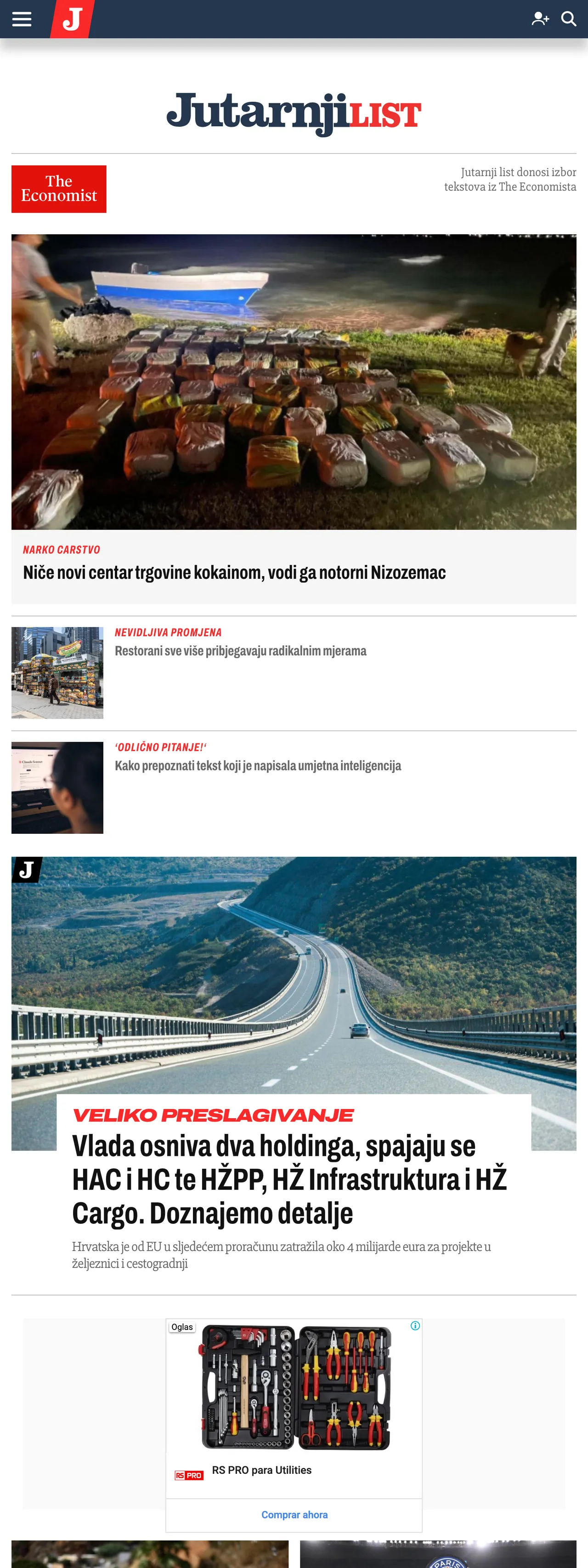 Screenshot of the Jutarnji list front page