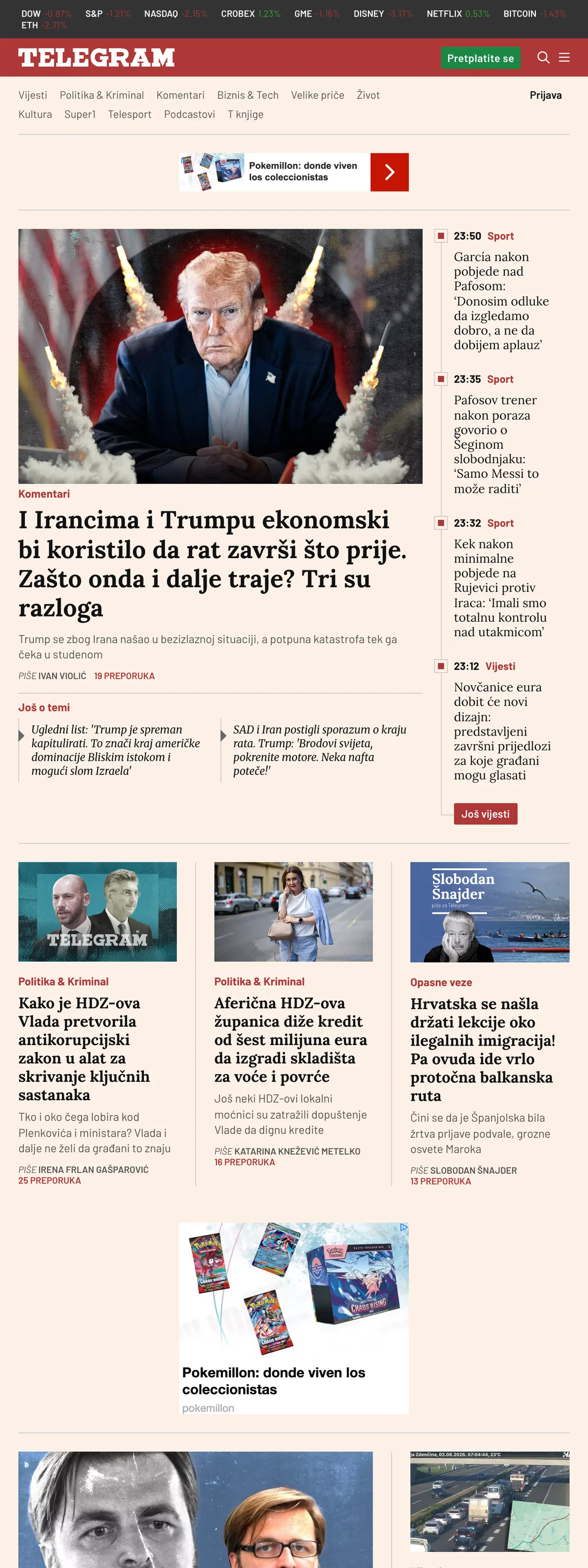 Screenshot of the Telegram.hr front page