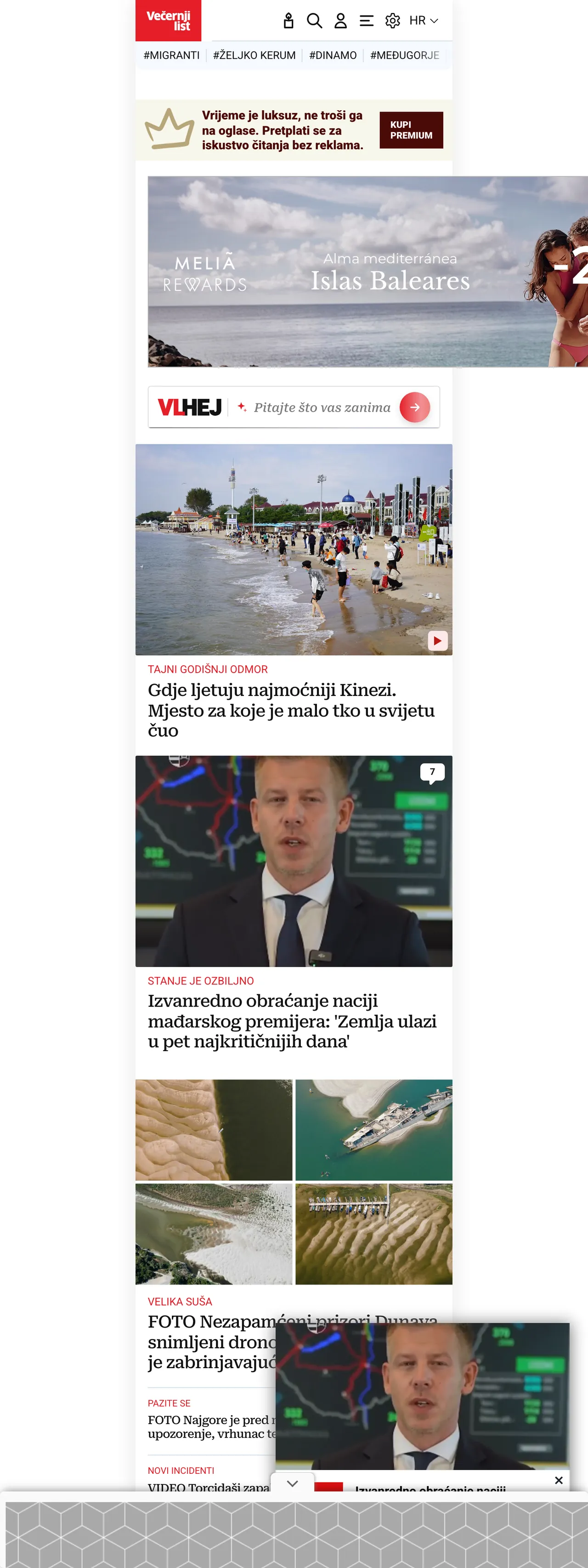 Screenshot of the Večernji list front page