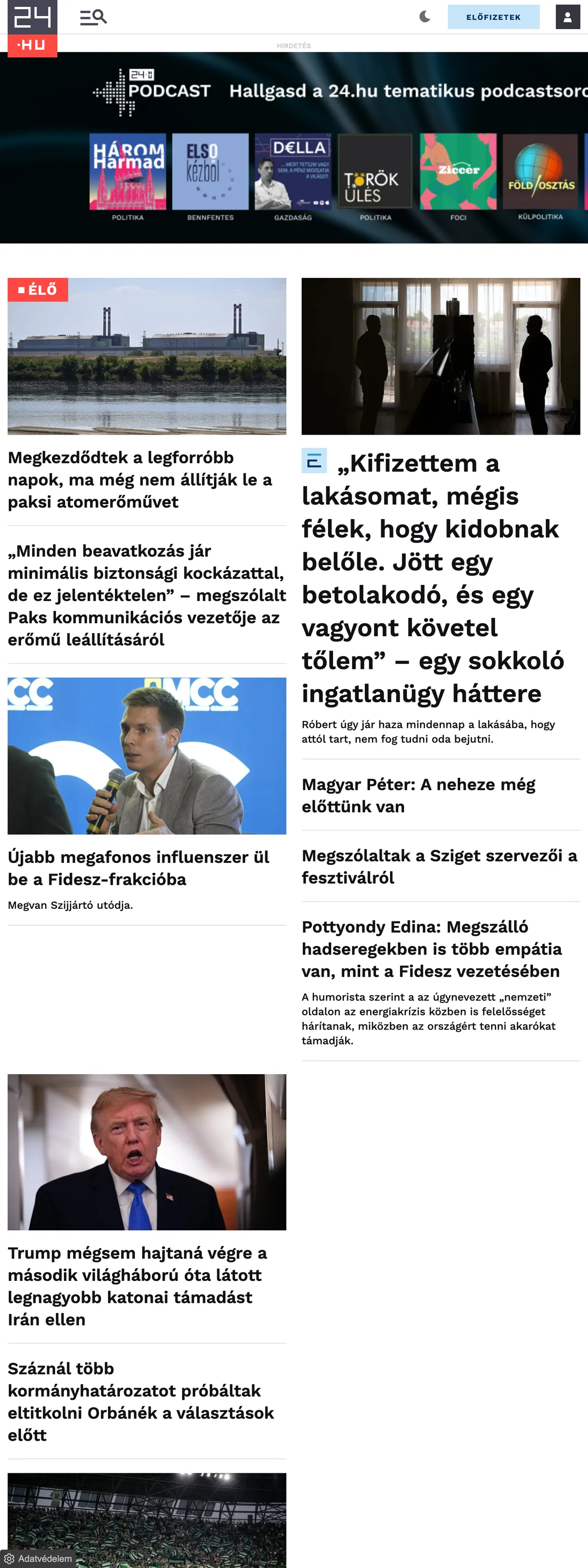 Screenshot of the 24.hu front page
