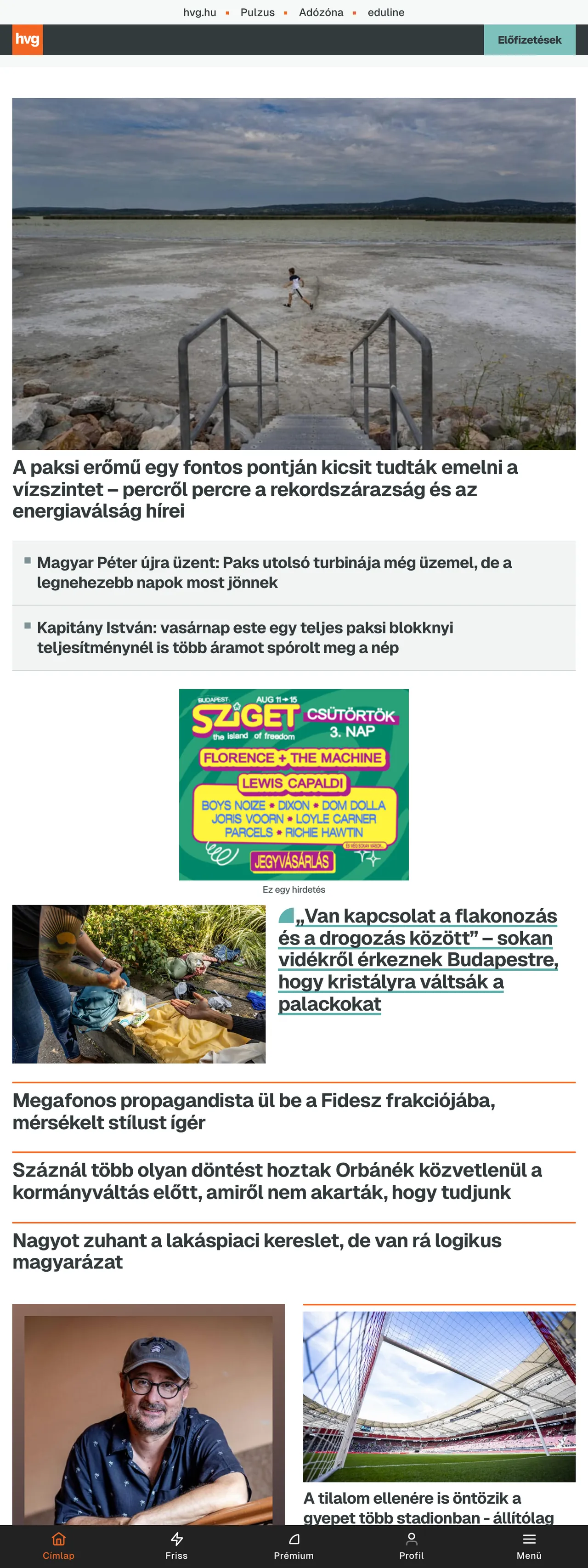 Screenshot of the HVG front page