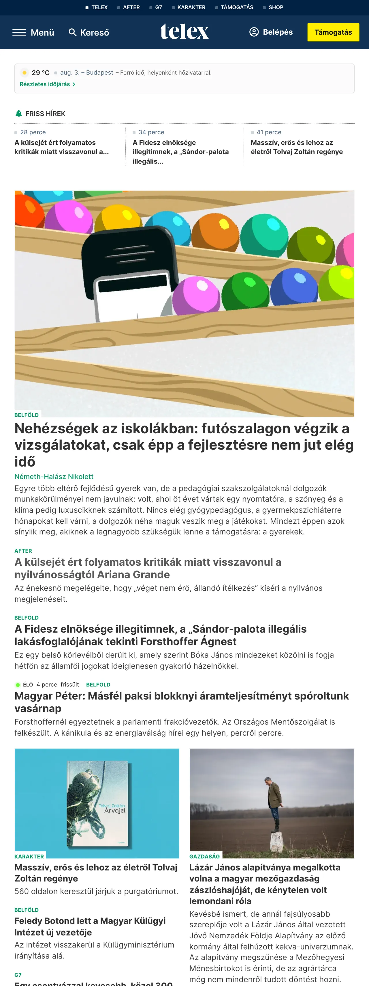 Screenshot of the Telex front page