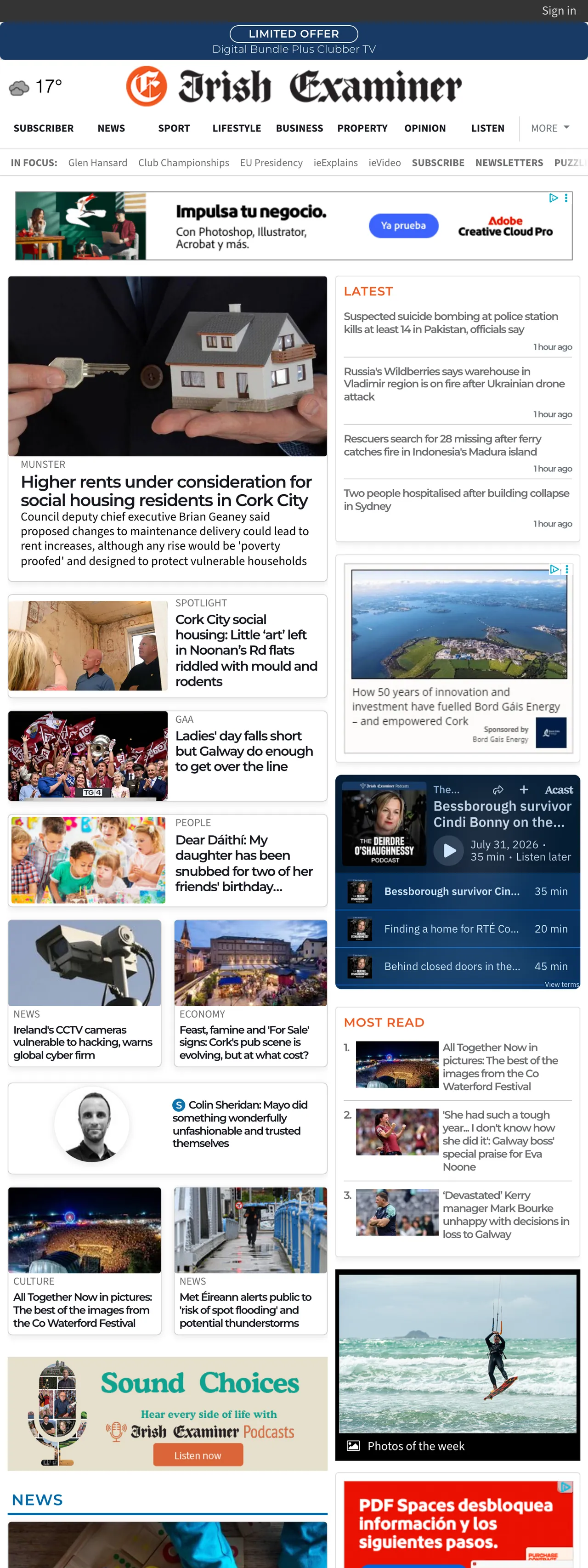 Screenshot of the Irish Examiner front page