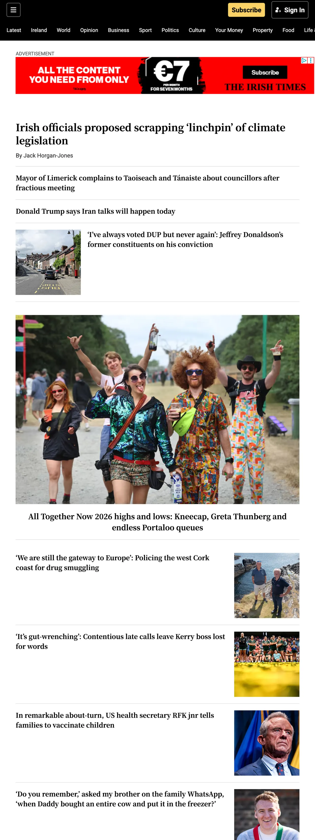 Screenshot of the The Irish Times front page