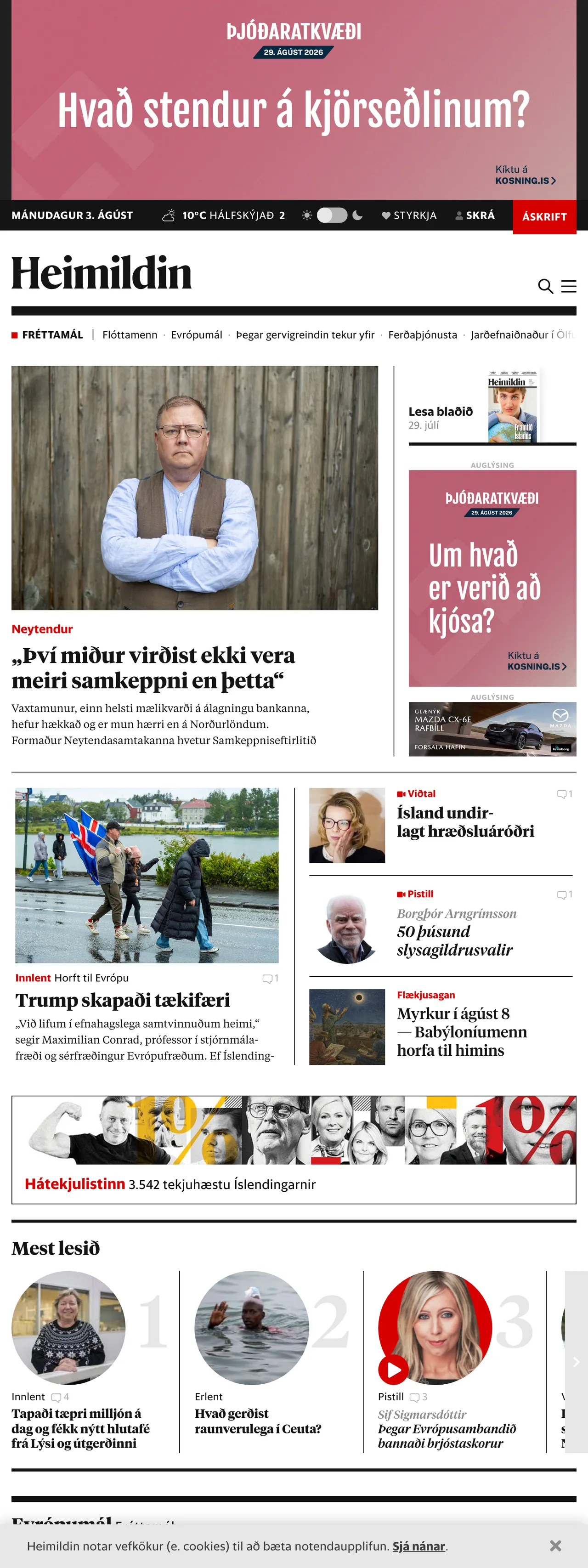 Screenshot of the Heimildin front page