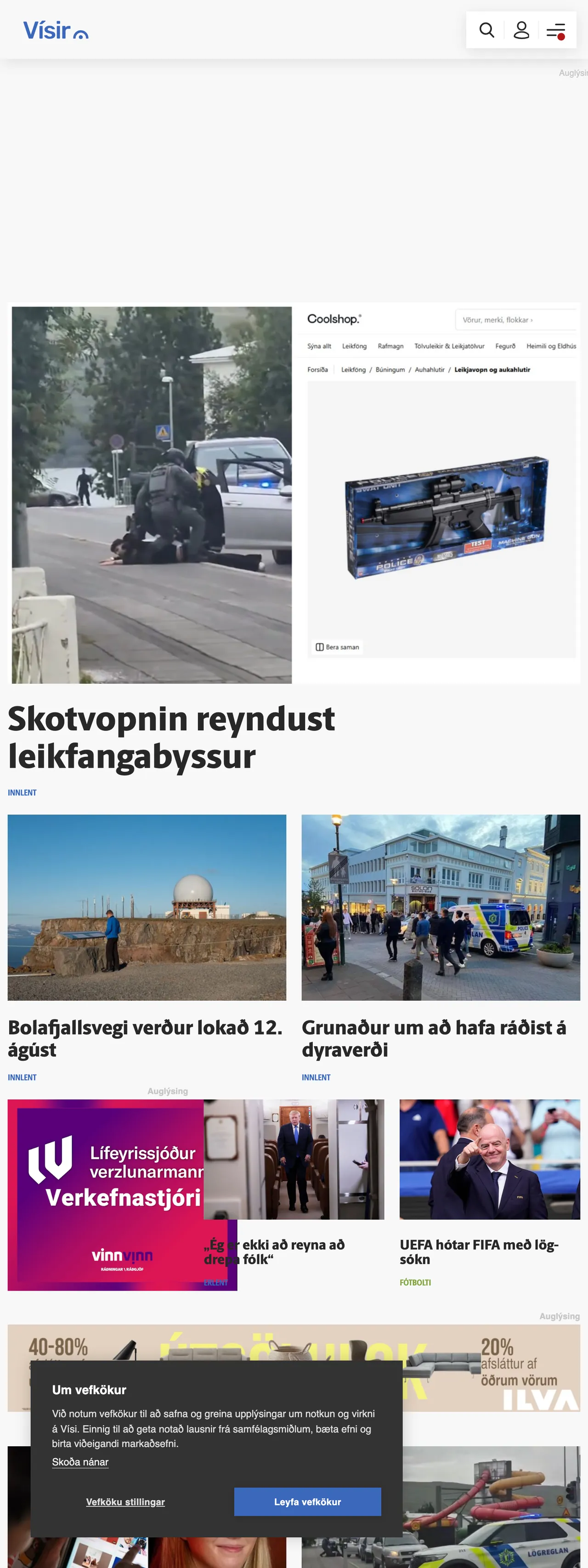 Screenshot of the Vísir front page