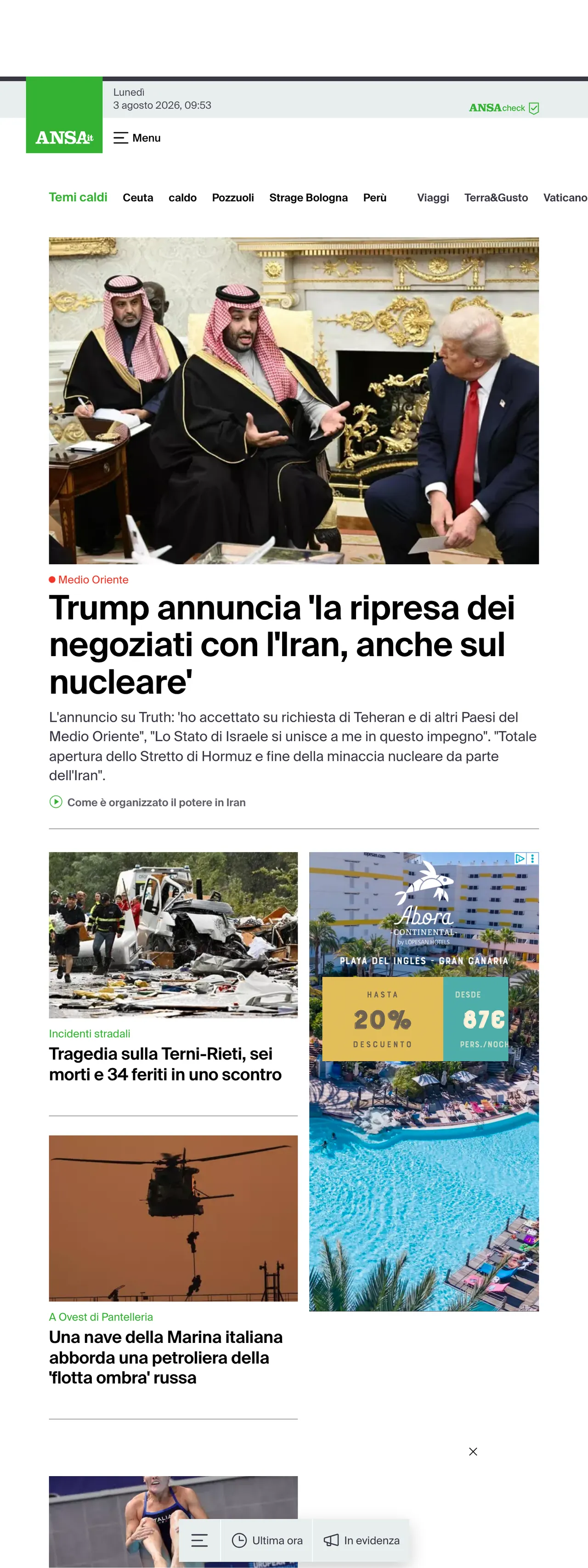 Screenshot of the ANSA front page
