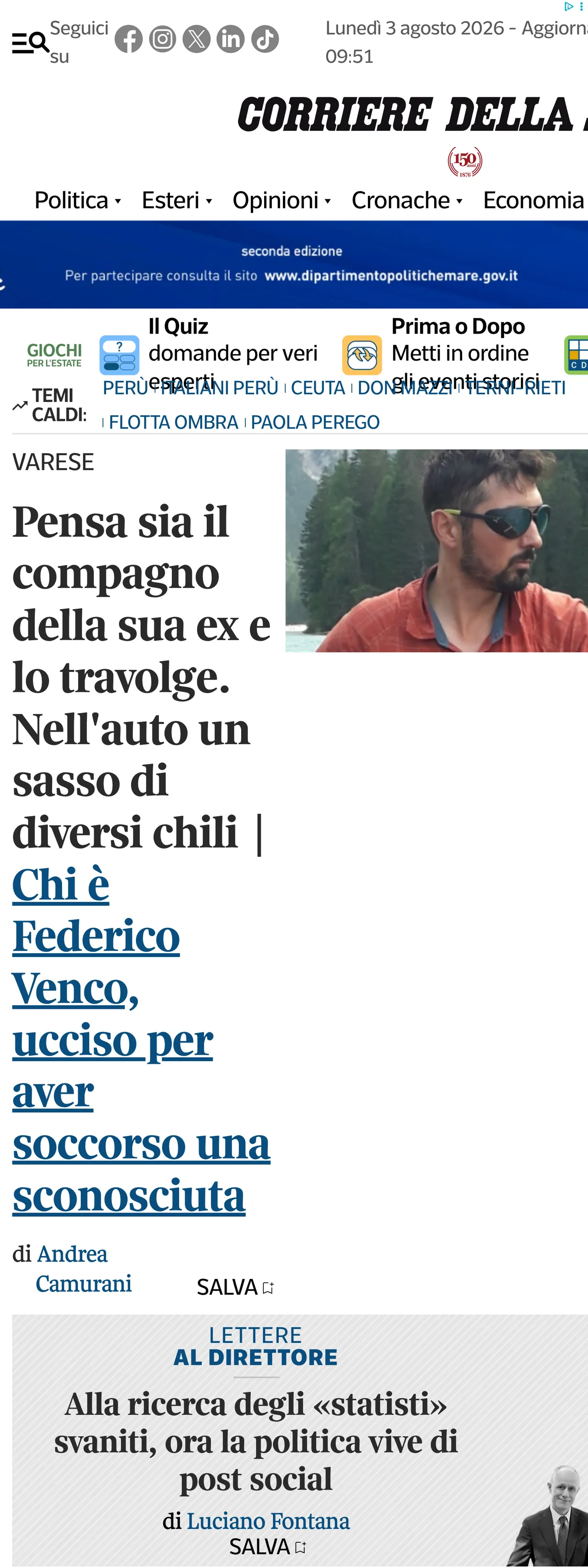 Screenshot of the Corriere della Sera front page