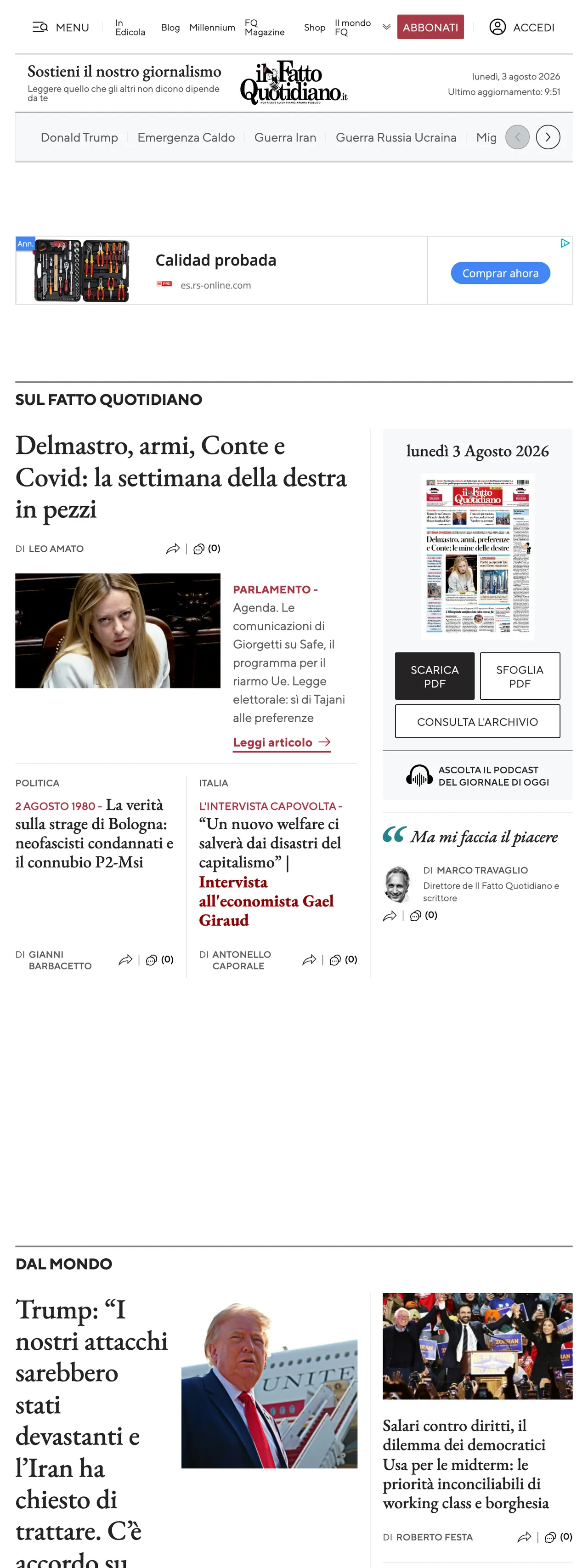 Screenshot of the Il Fatto Quotidiano front page