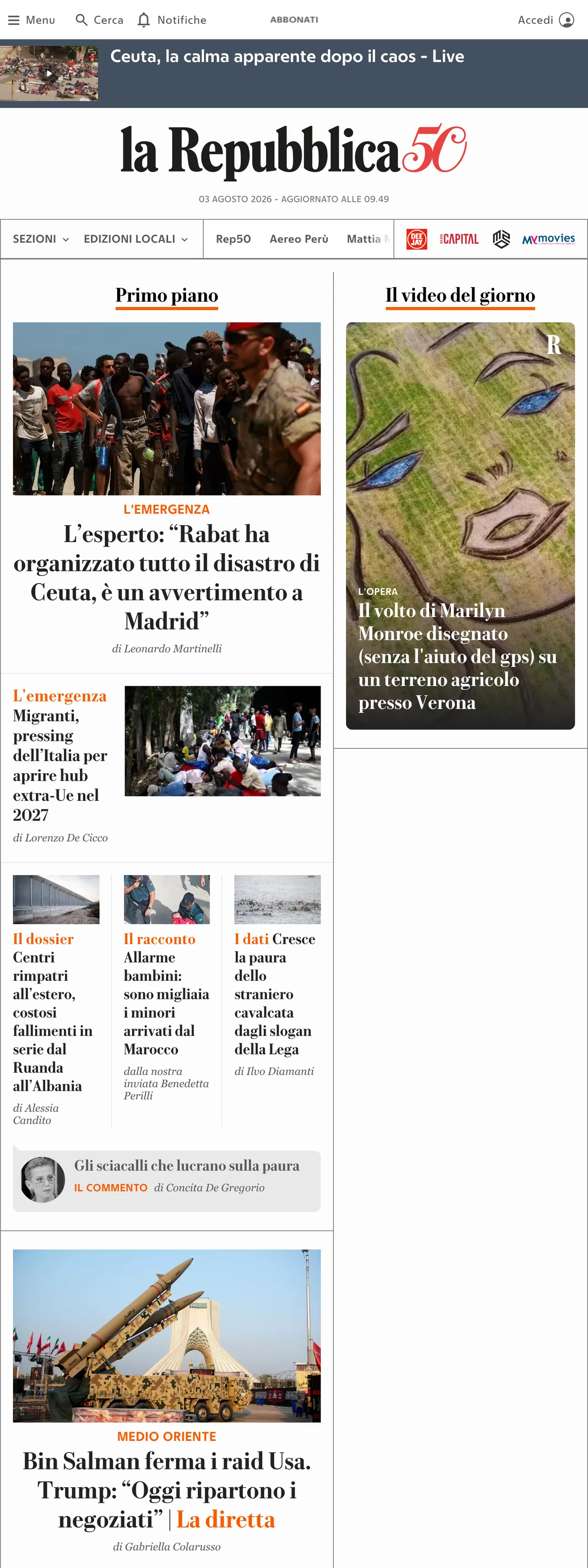 Screenshot of the la Repubblica front page
