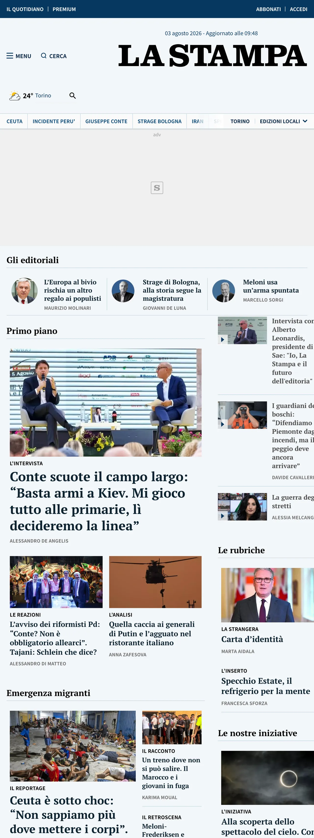 Screenshot of the La Stampa front page