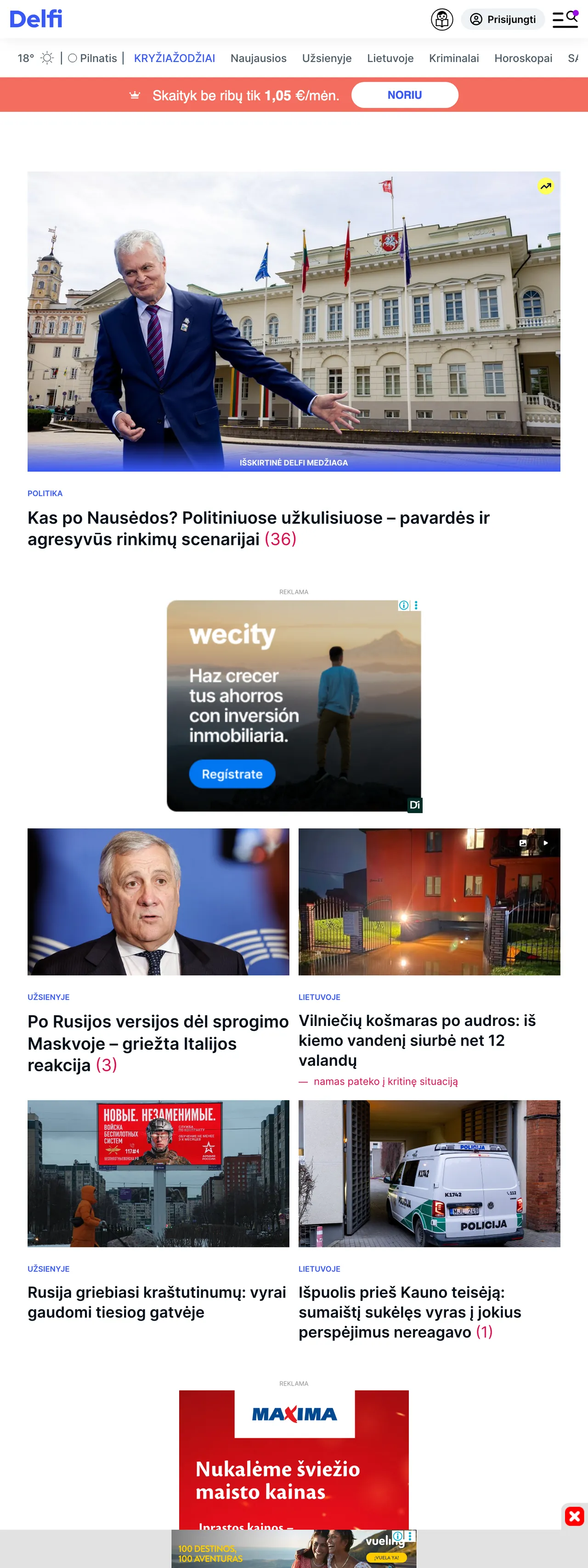 Screenshot of the Delfi front page