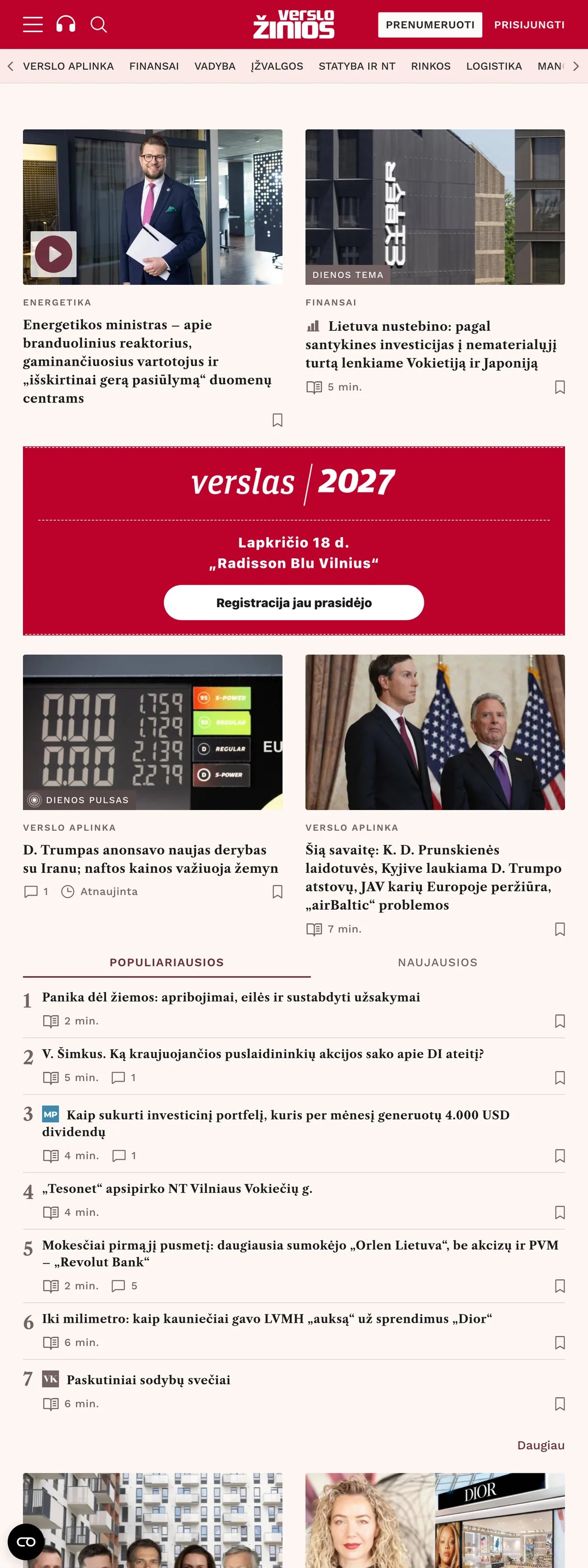 Screenshot of the Verslo žinios front page