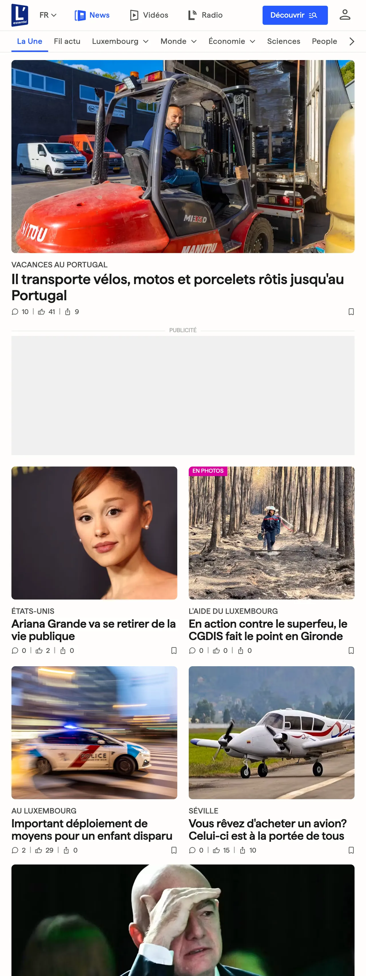 Screenshot of the L'essentiel front page