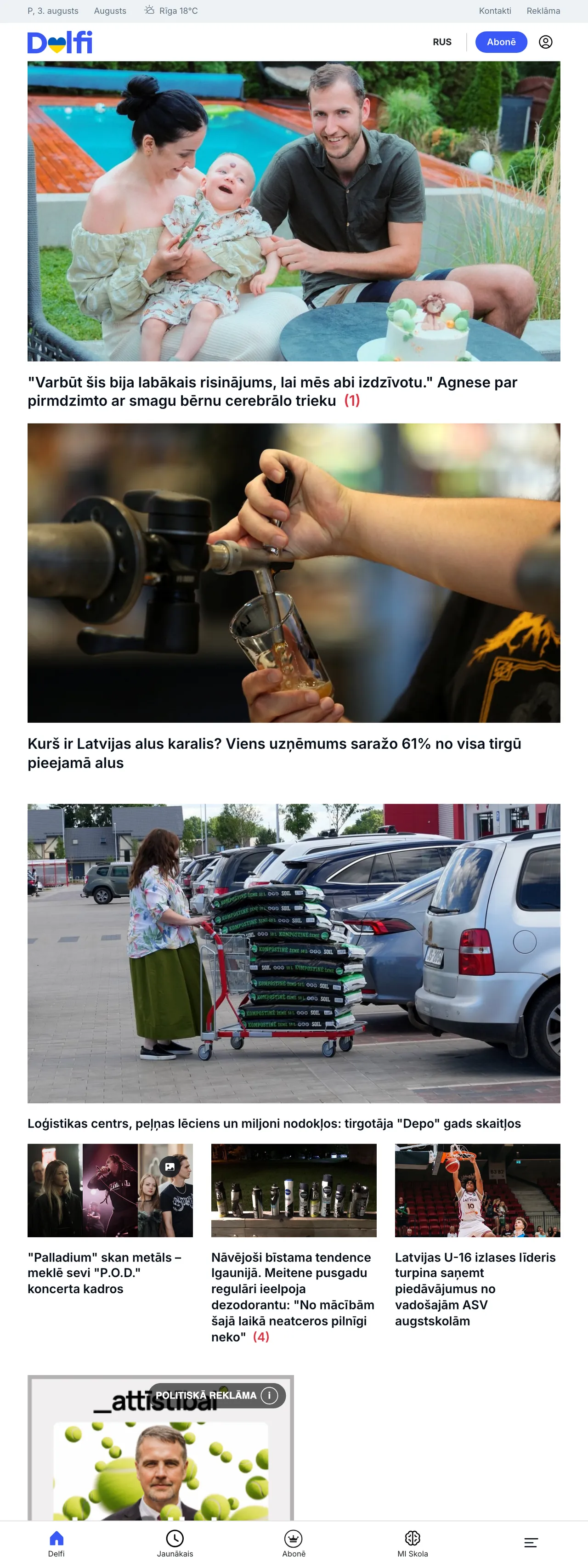 Screenshot of the Delfi front page