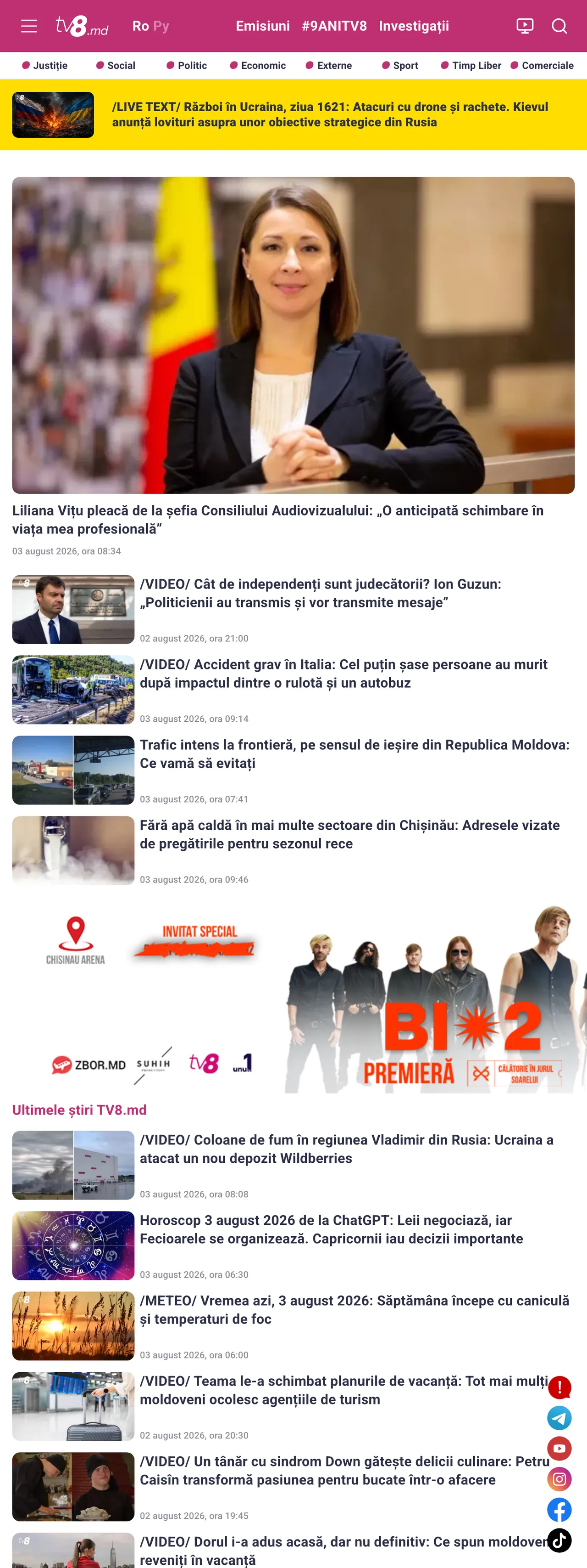 Screenshot of the TV8 front page