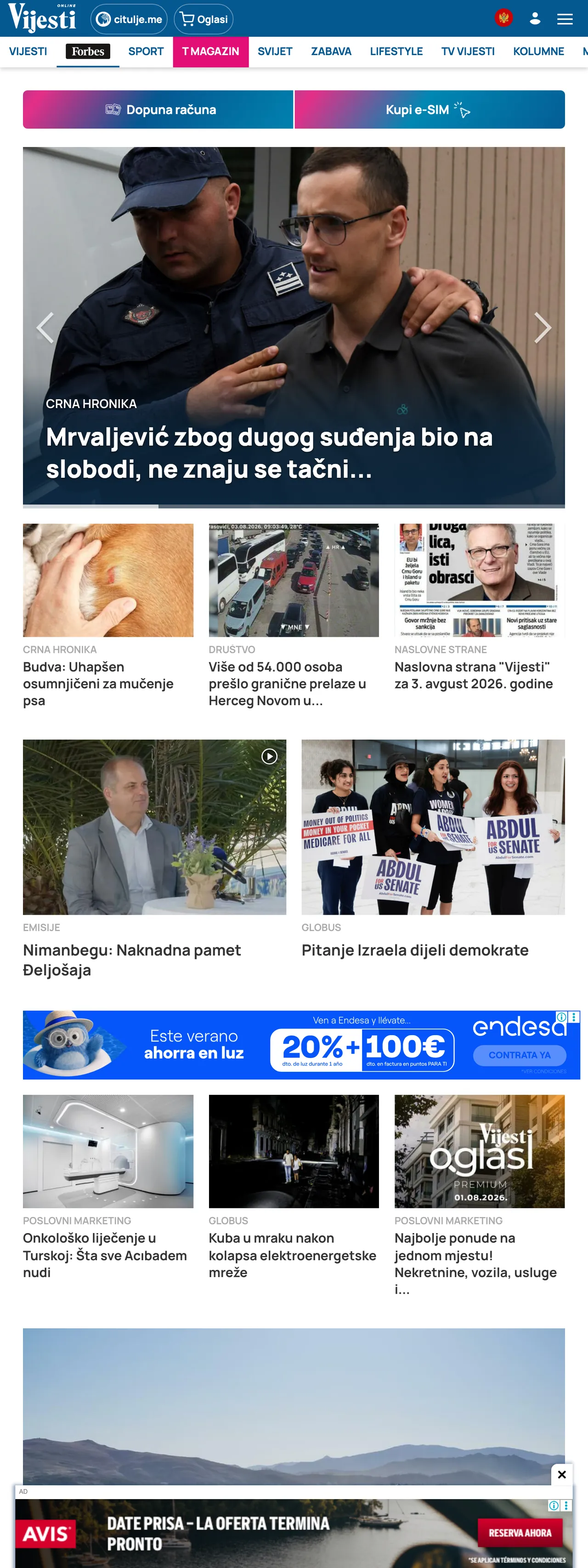 Screenshot of the Vijesti front page