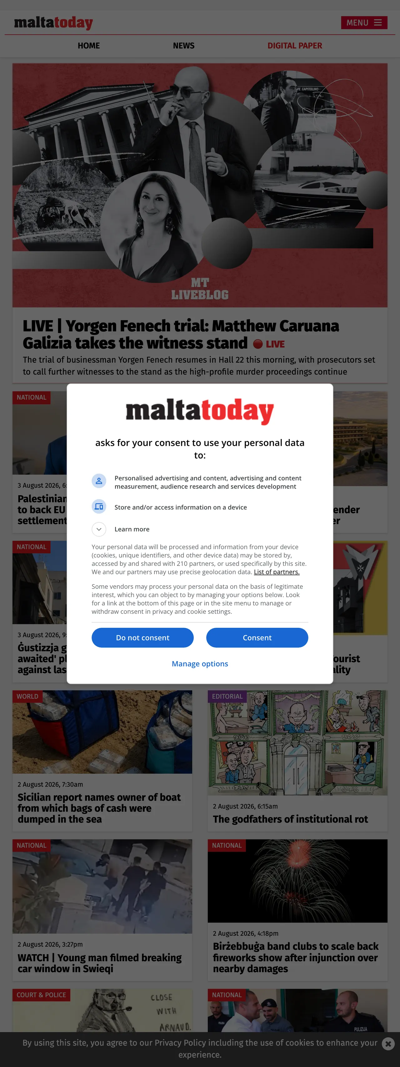 Screenshot of the Malta Today front page