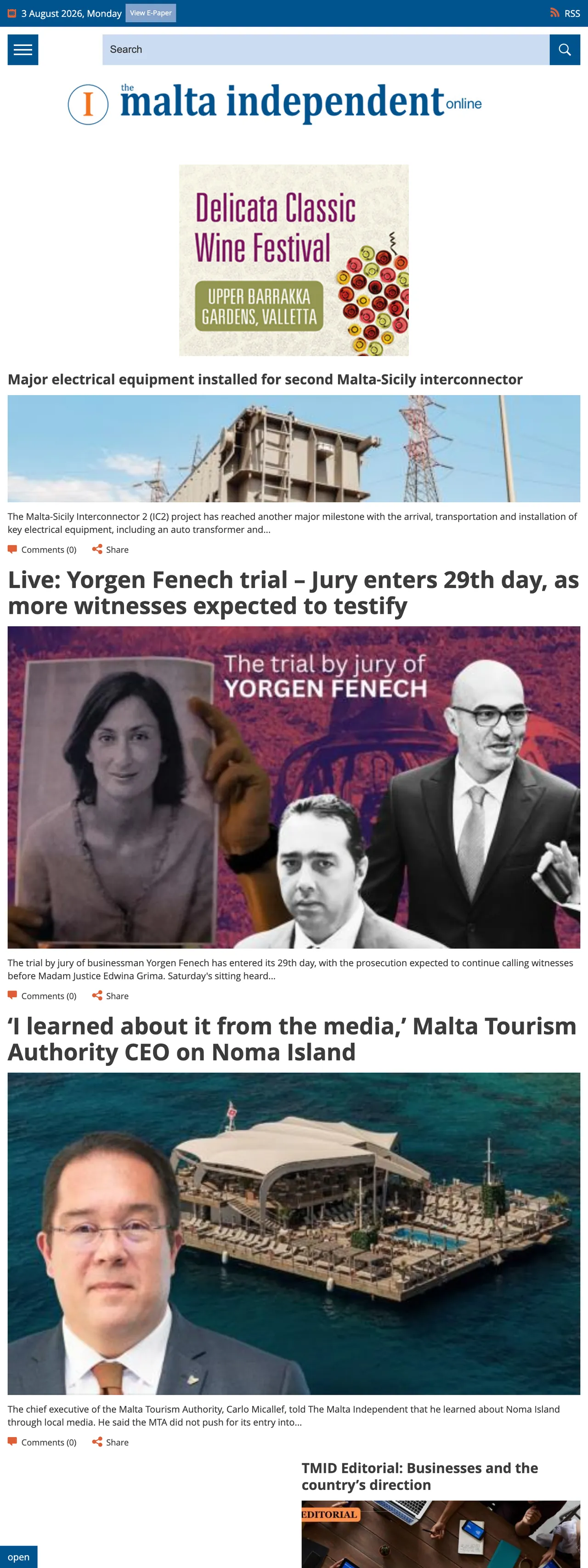 Screenshot of the The Malta Independent front page