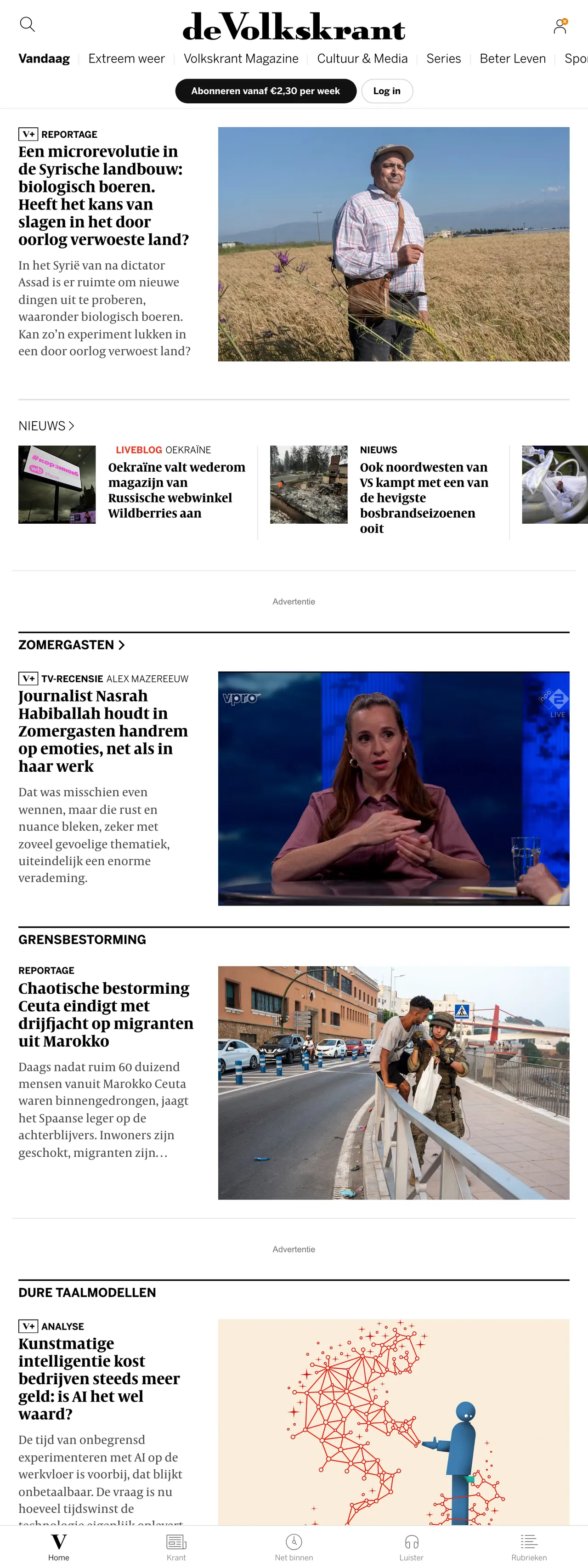 Screenshot of the de Volkskrant front page