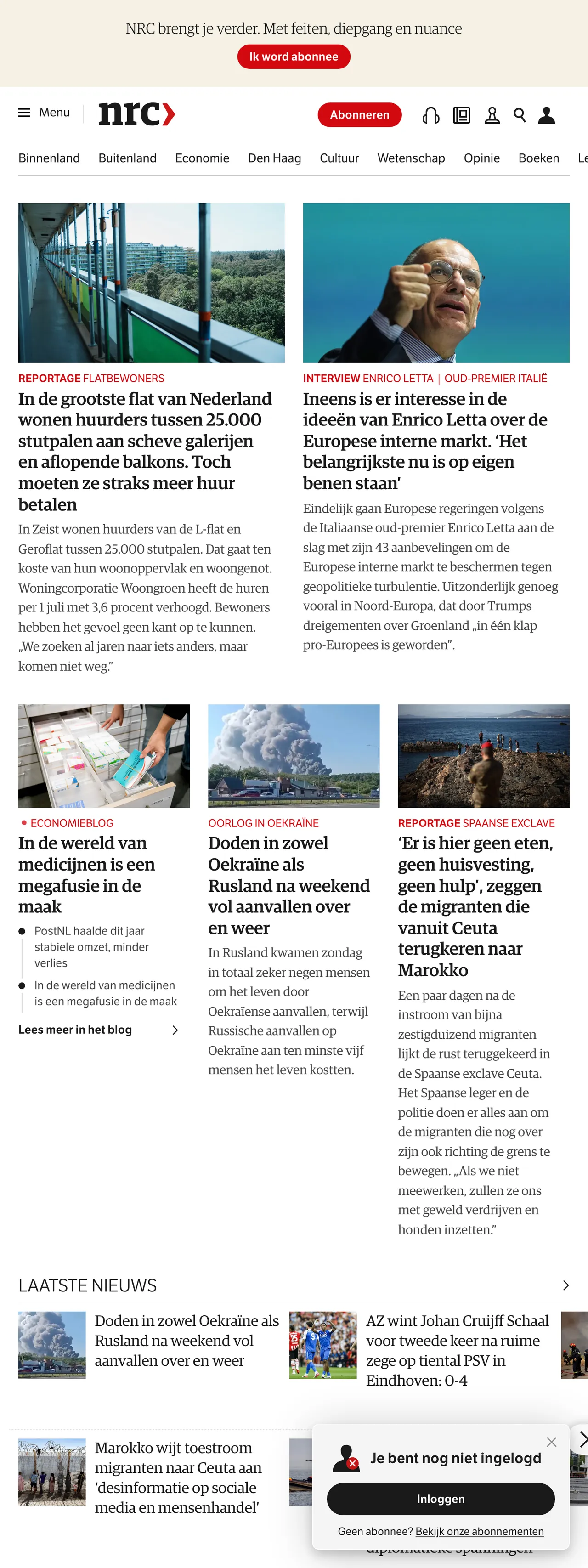 Screenshot of the NRC front page