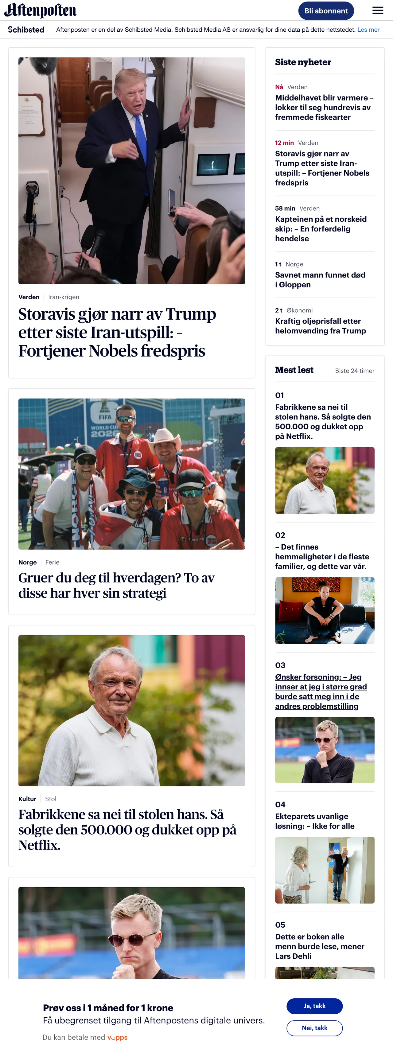 Screenshot of the Aftenposten front page