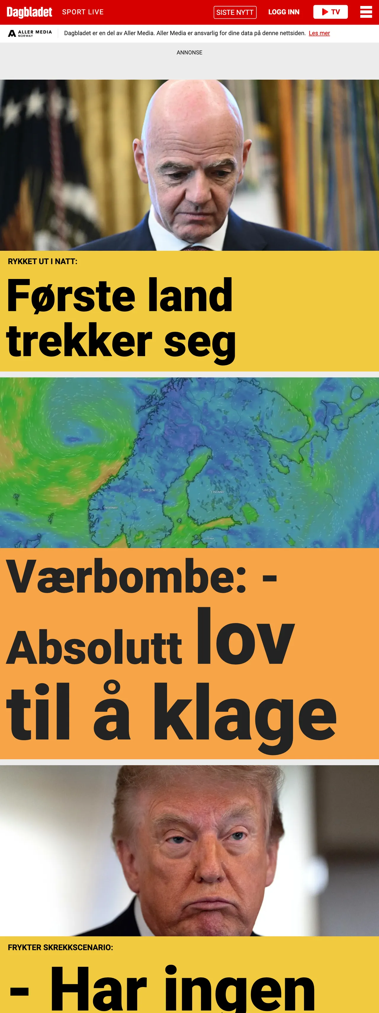 Screenshot of the Dagbladet front page