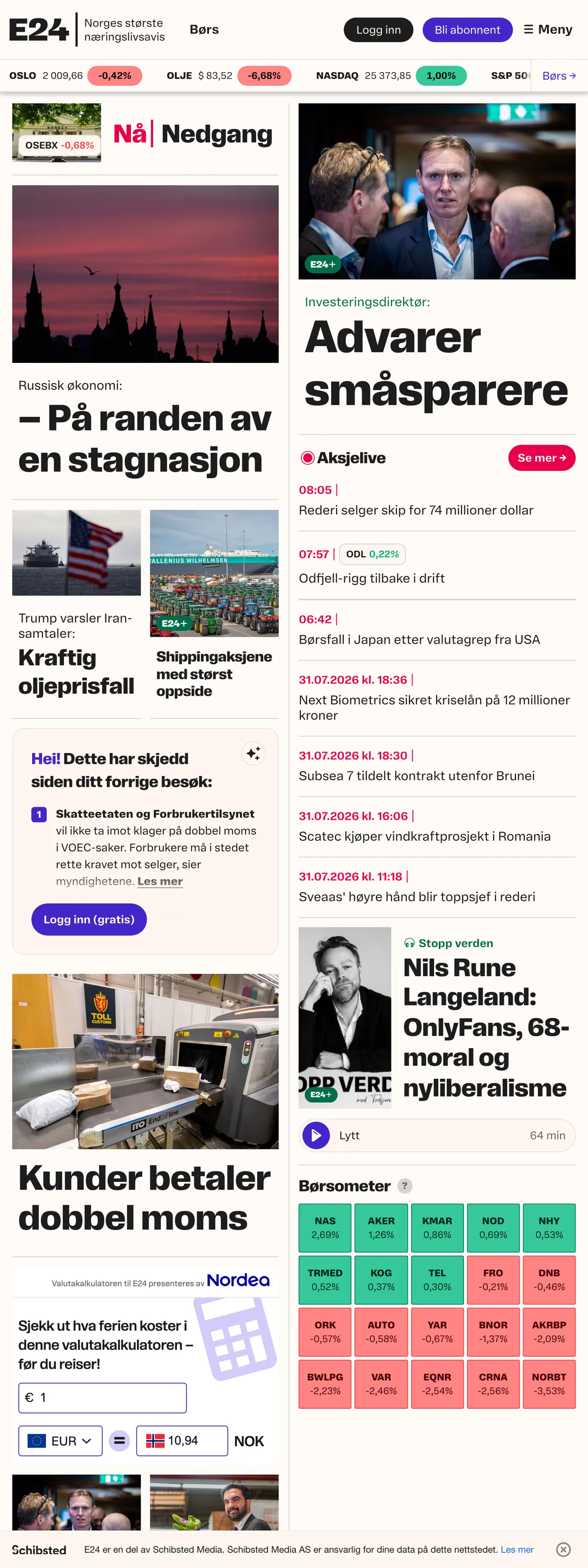 Screenshot of the E24 front page