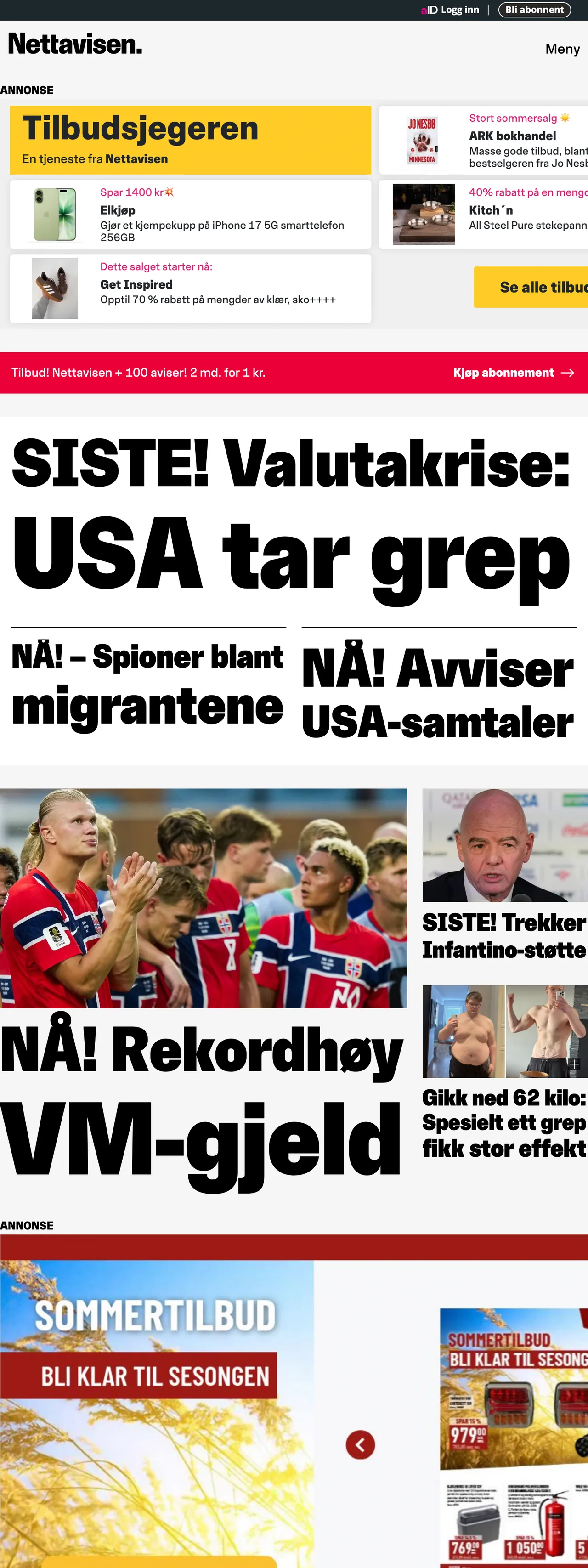 Screenshot of the Nettavisen front page