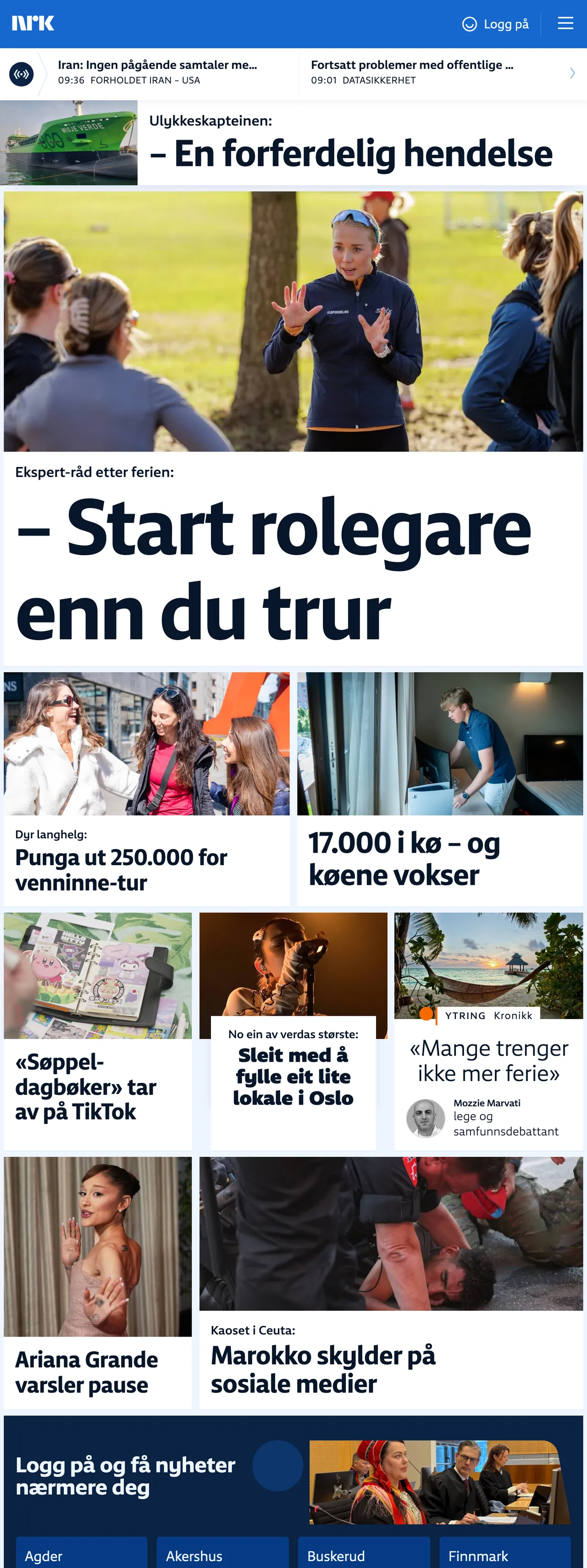 Screenshot of the NRK front page