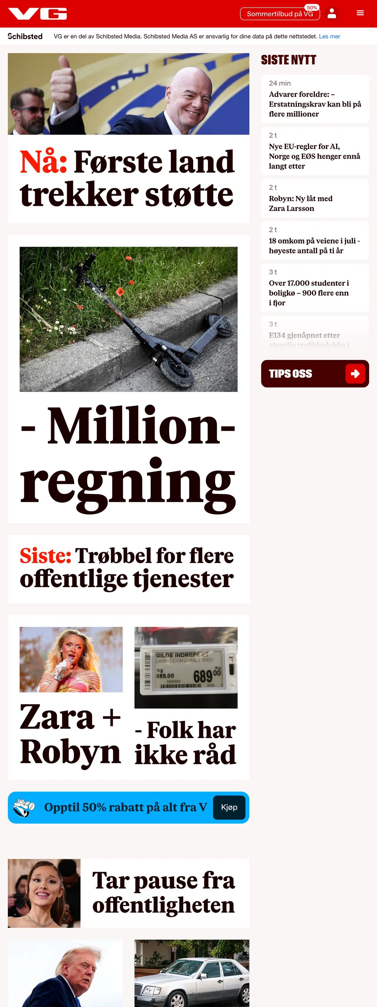 Screenshot of the VG front page