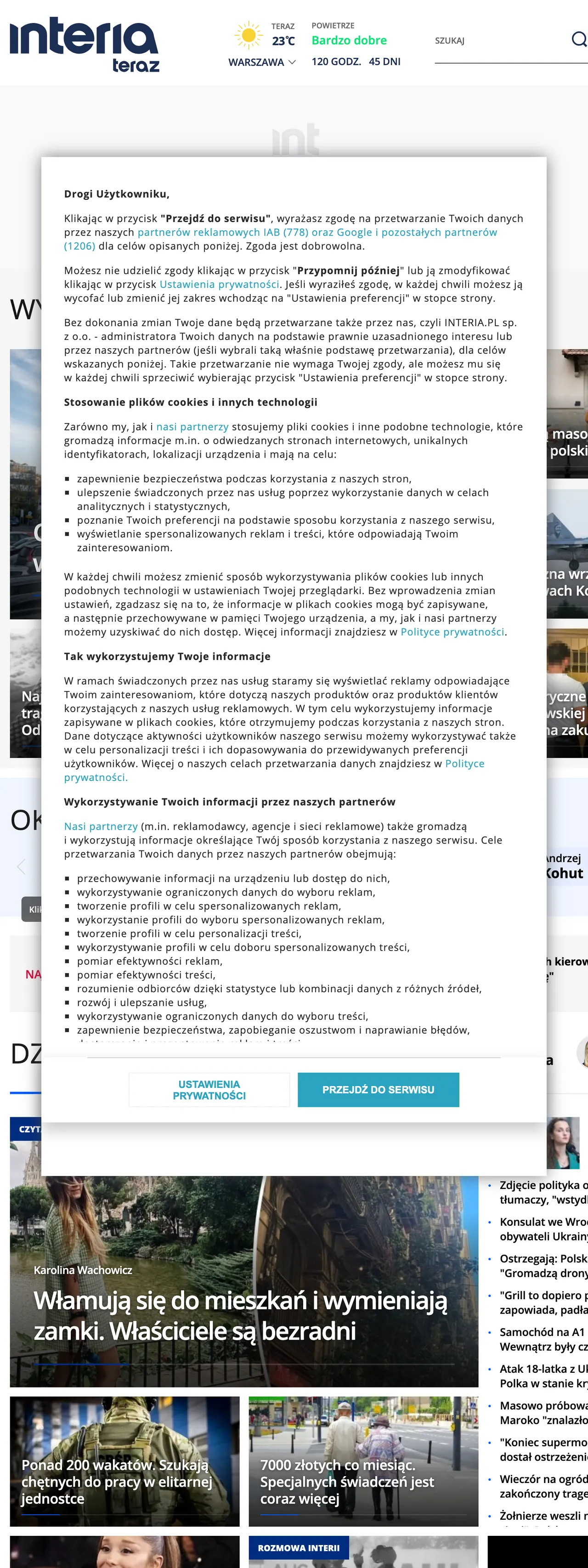 Screenshot of the Interia front page