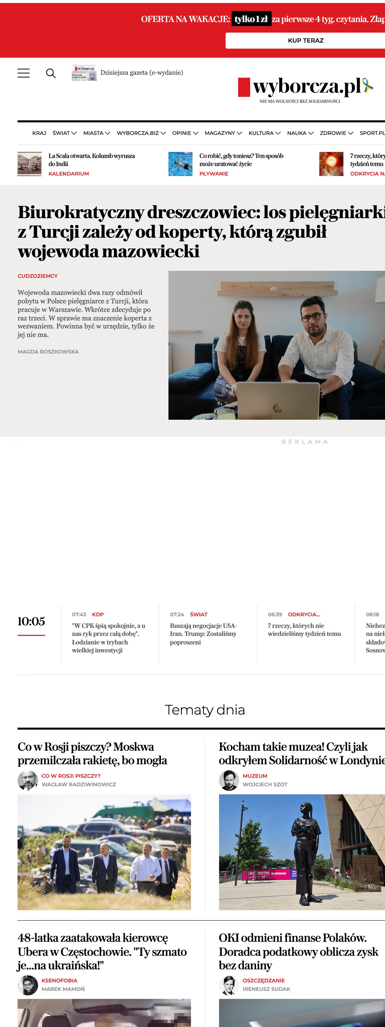 Screenshot of the Wyborcza front page