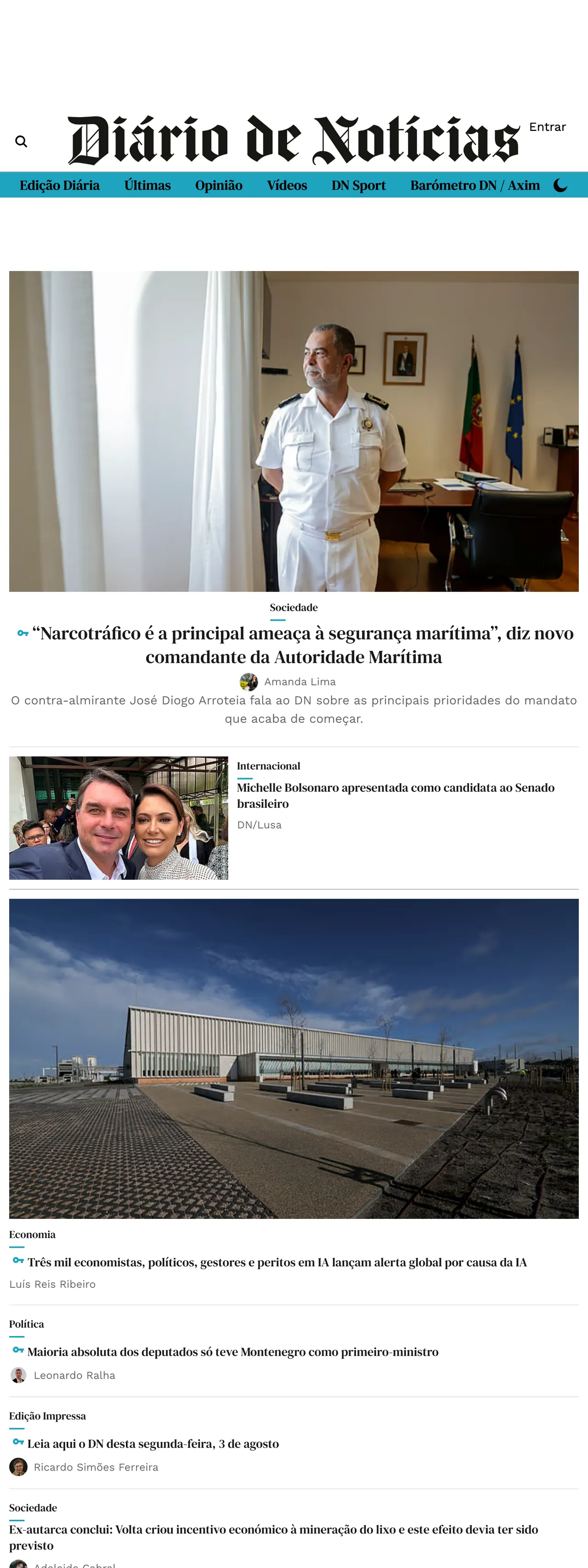 Screenshot of the Diário de Notícias front page