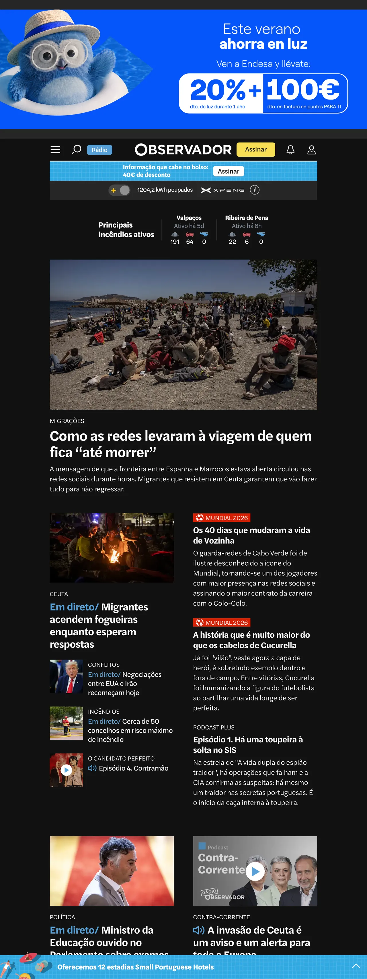 Screenshot of the Observador front page