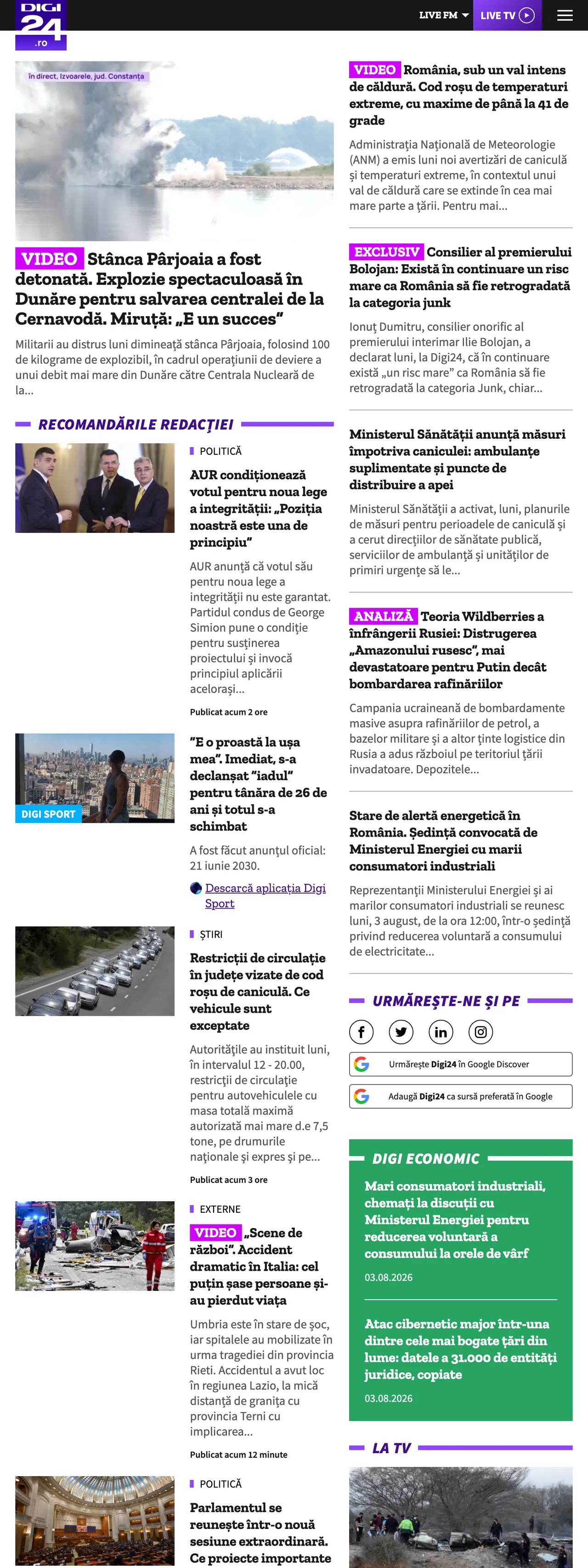 Screenshot of the Digi24 front page