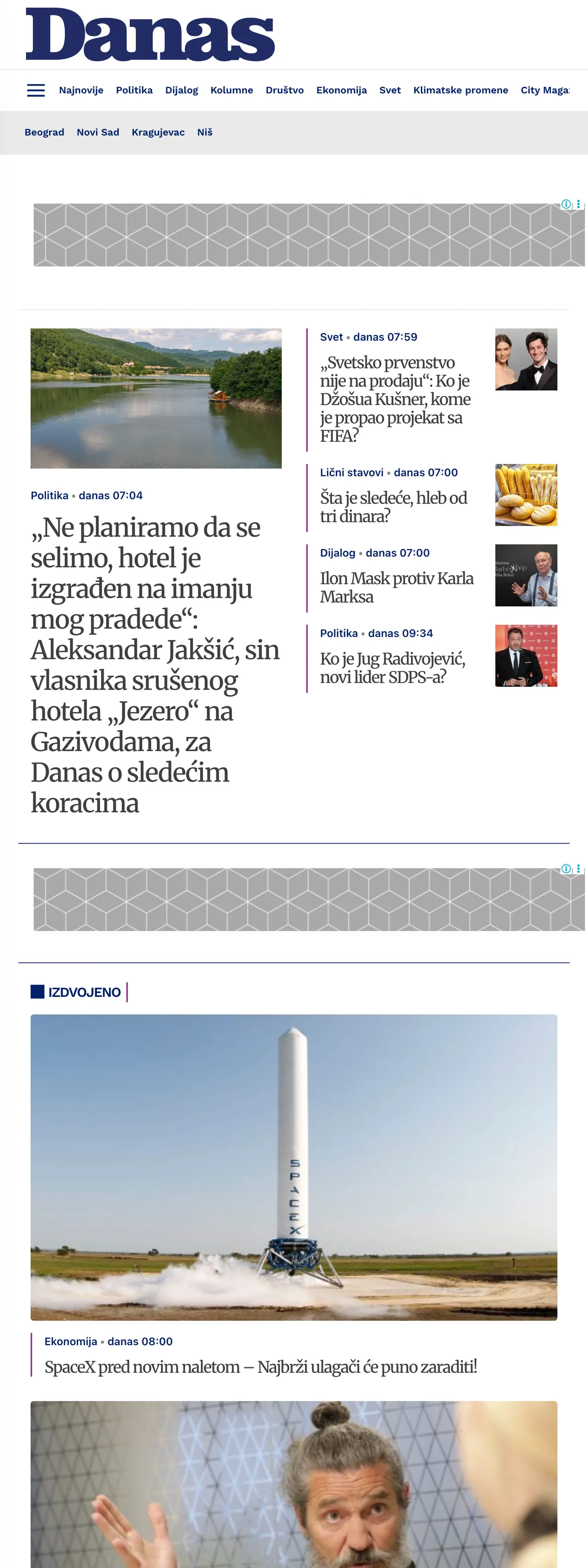 Screenshot of the Danas front page