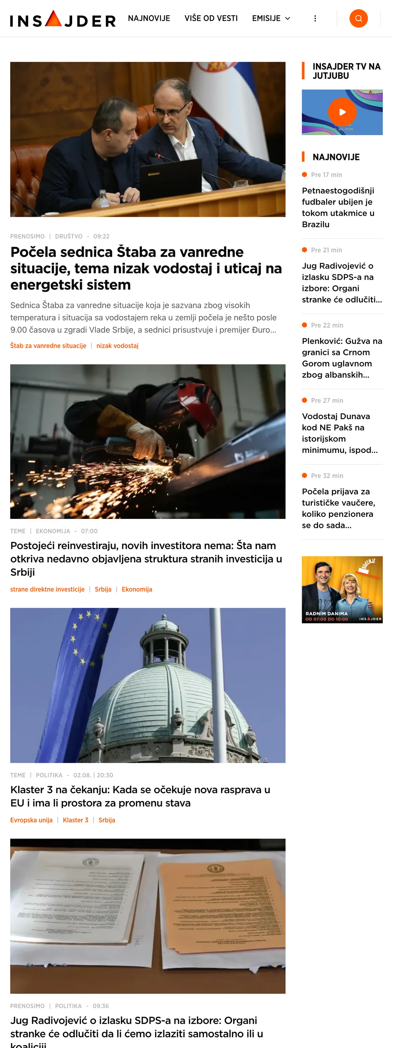 Screenshot of the Insajder front page