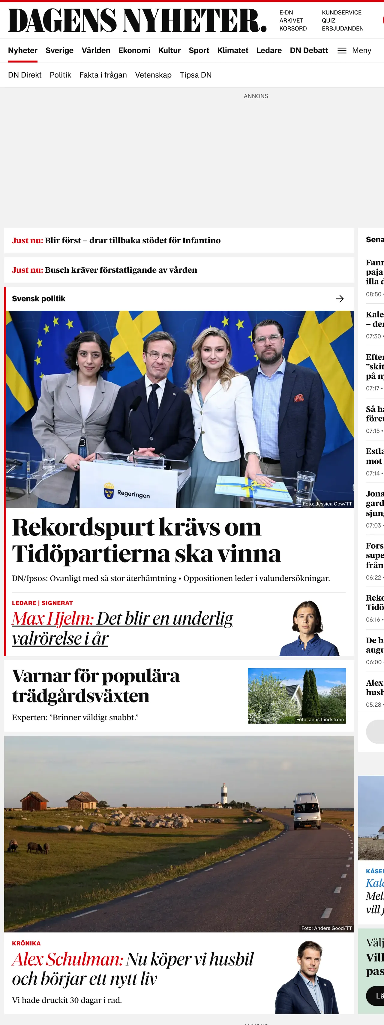 Screenshot of the Dagens Nyheter front page