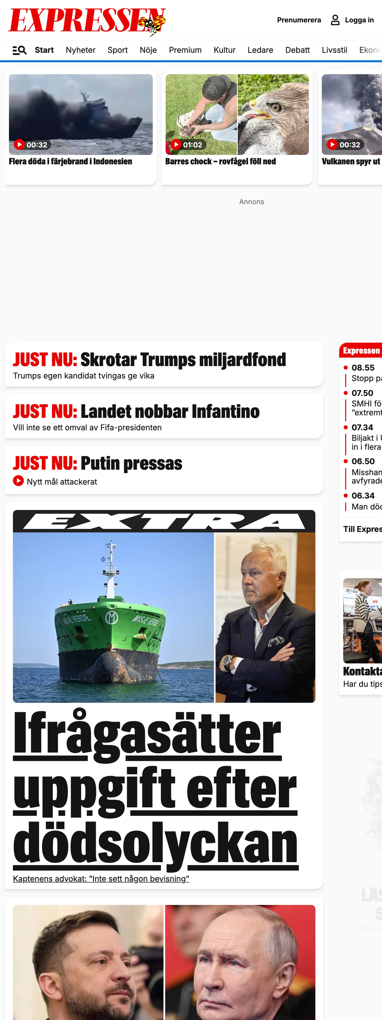 Screenshot of the Expressen front page