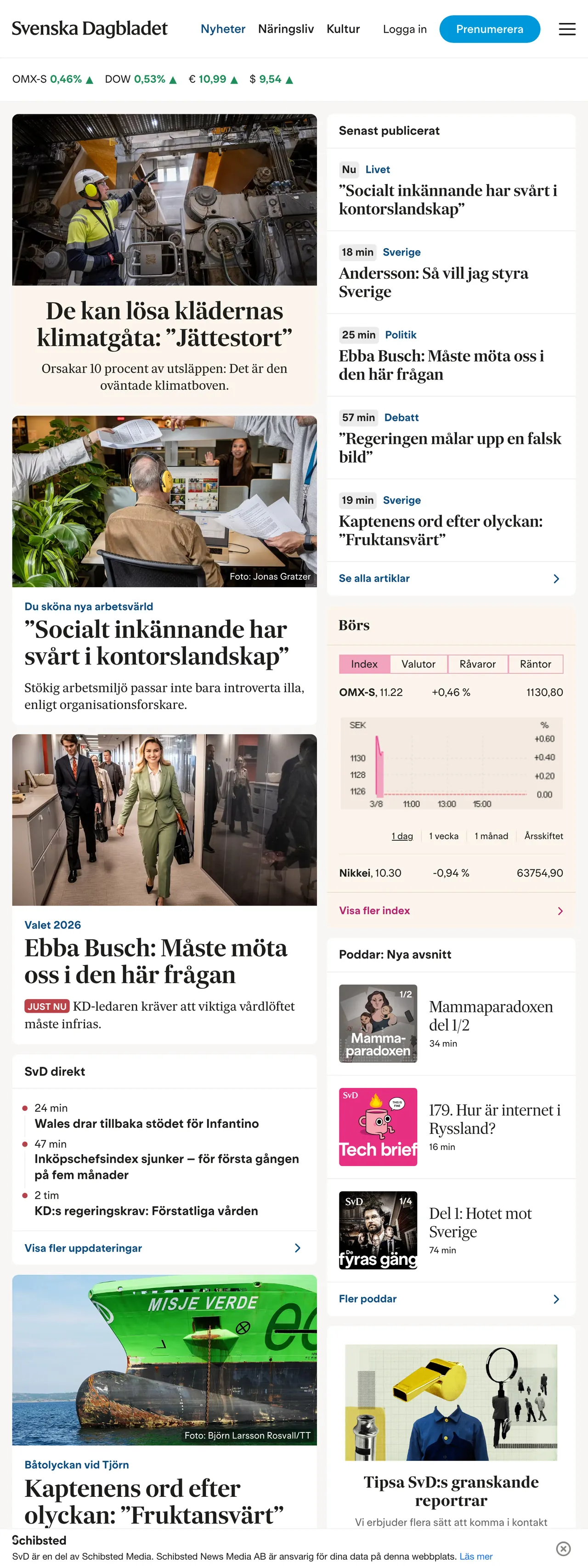 Screenshot of the Svenska Dagbladet front page