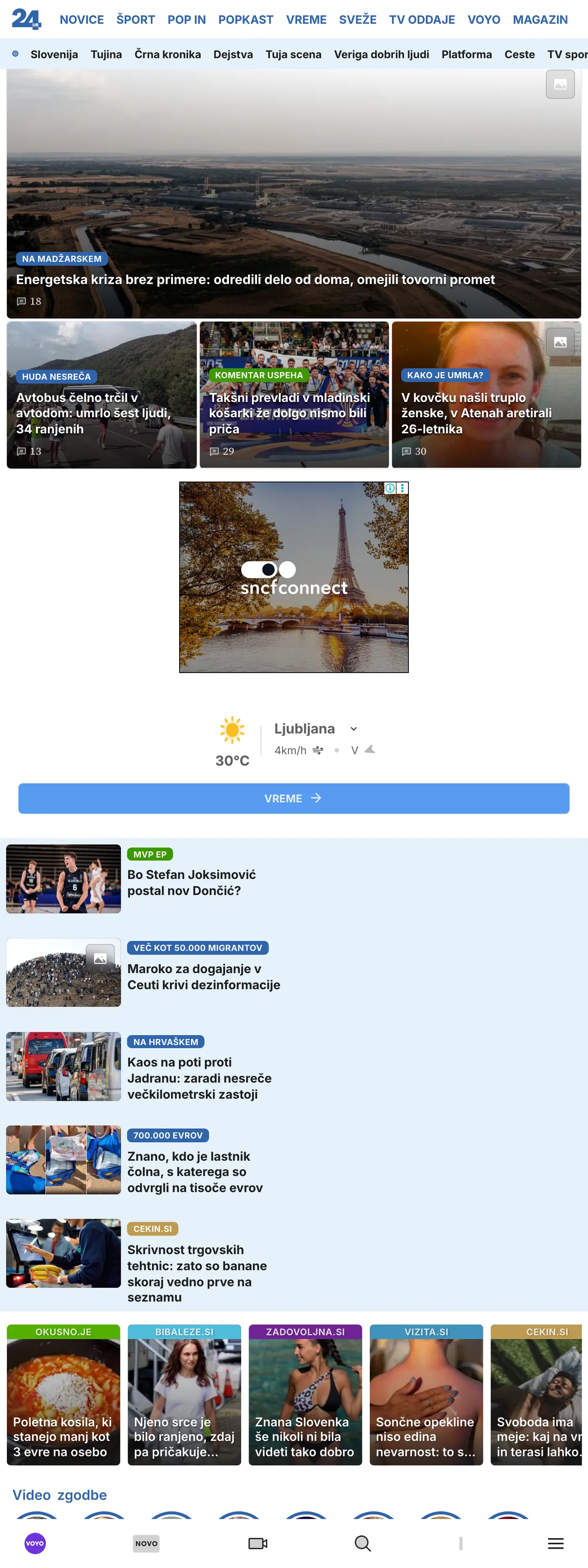 Screenshot of the 24ur front page