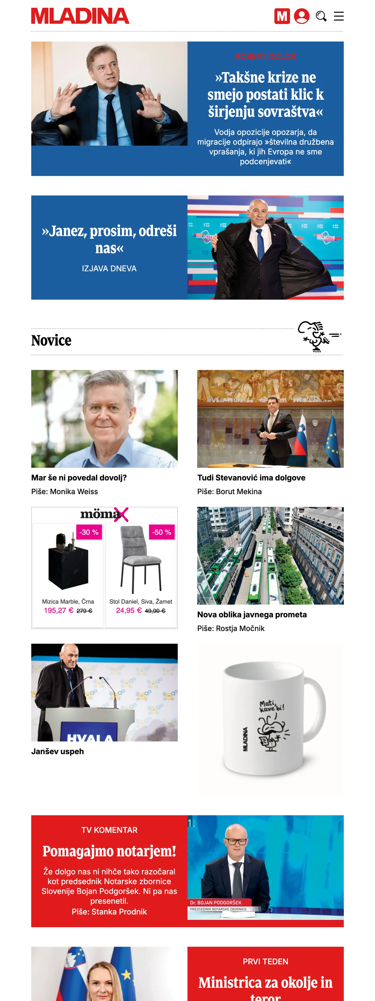 Screenshot of the Mladina front page
