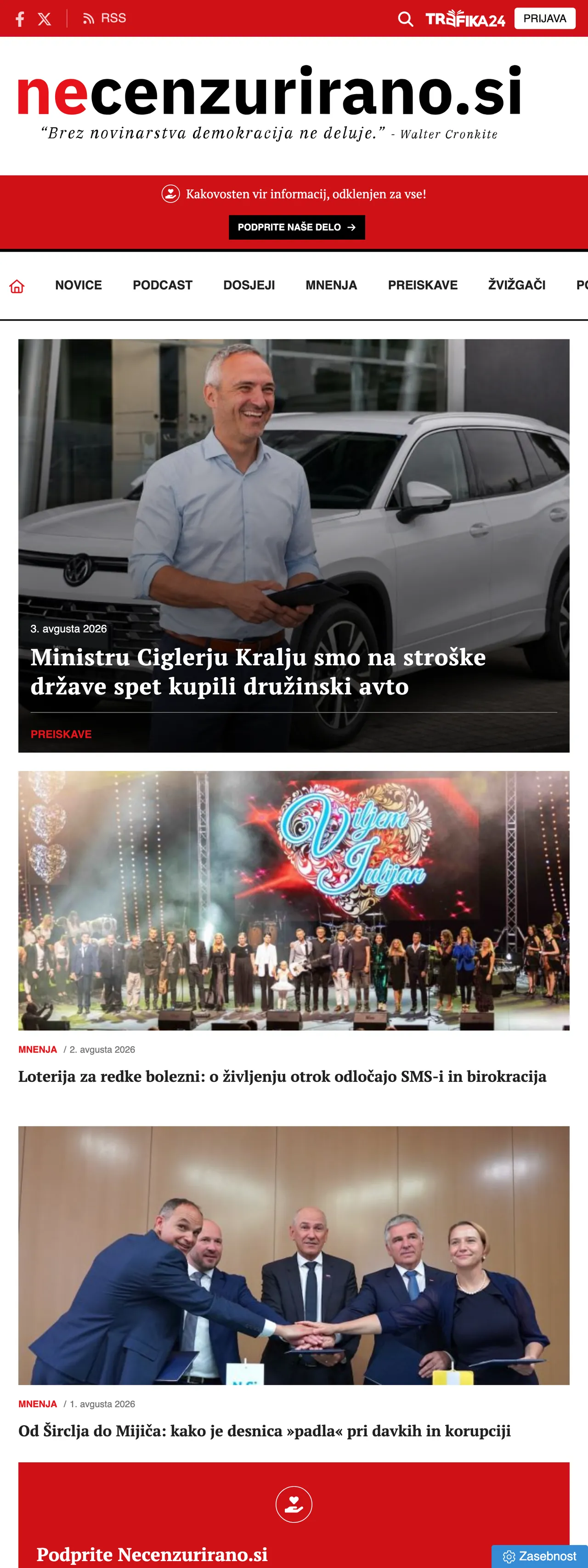 Screenshot of the Necenzurirano front page