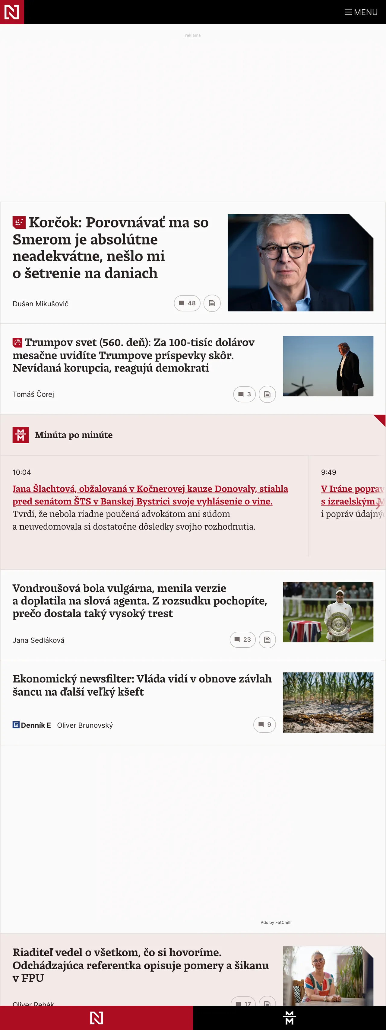 Screenshot of the Denník N front page