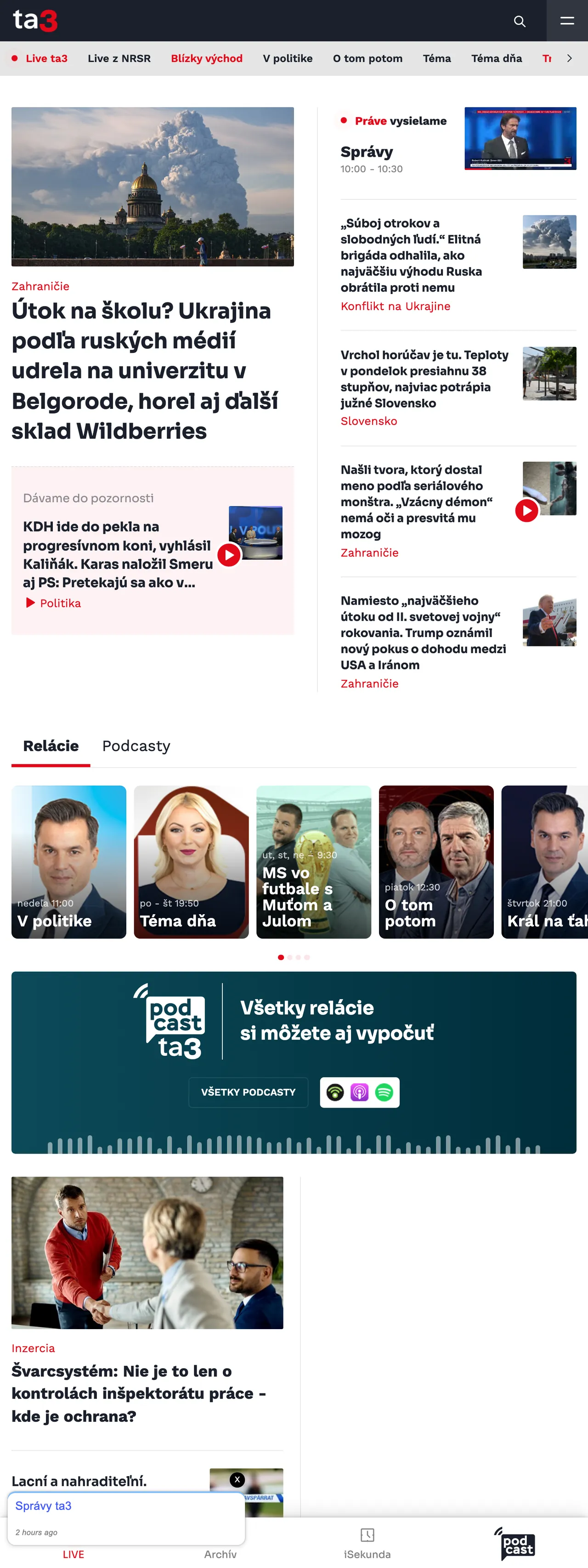 Screenshot of the TA3 front page