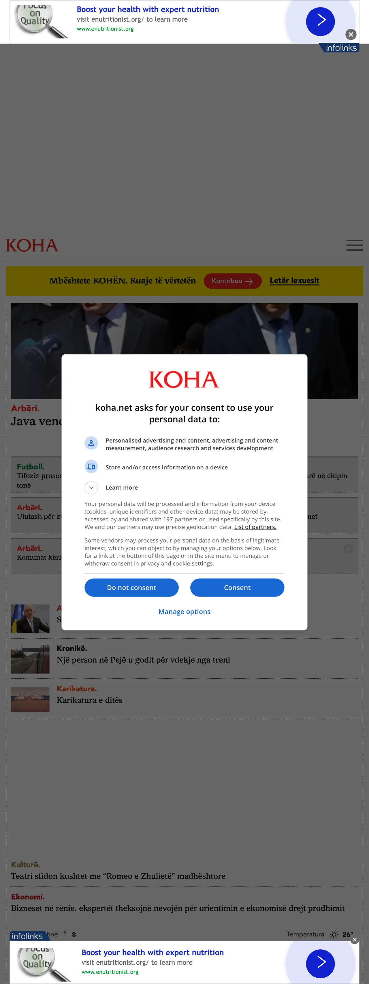 Screenshot of the Koha Ditore front page