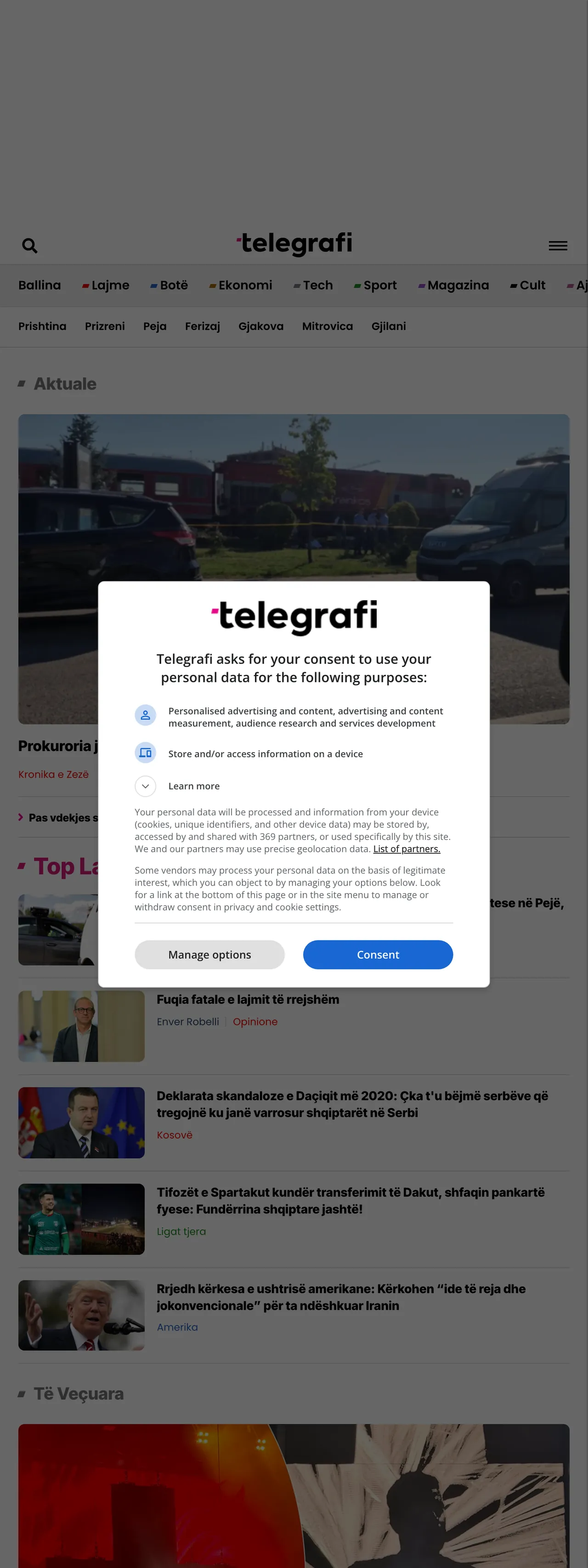 Screenshot of the Telegrafi front page