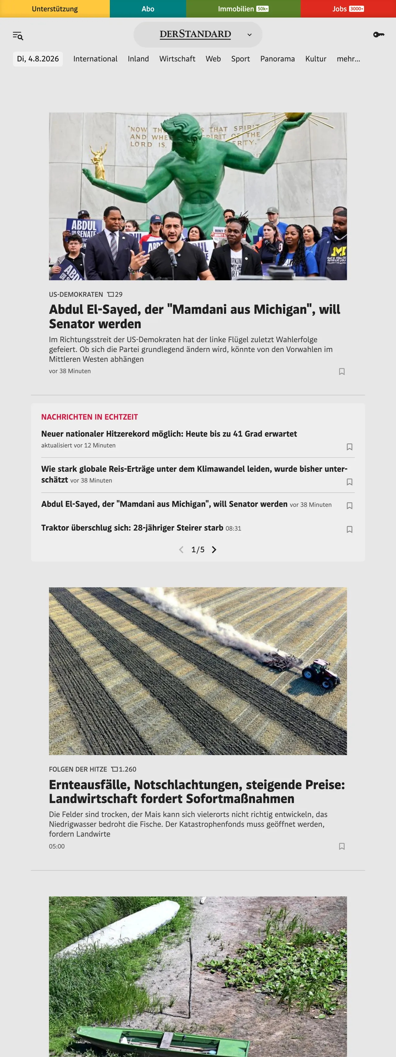 Screenshot of the DER STANDARD front page